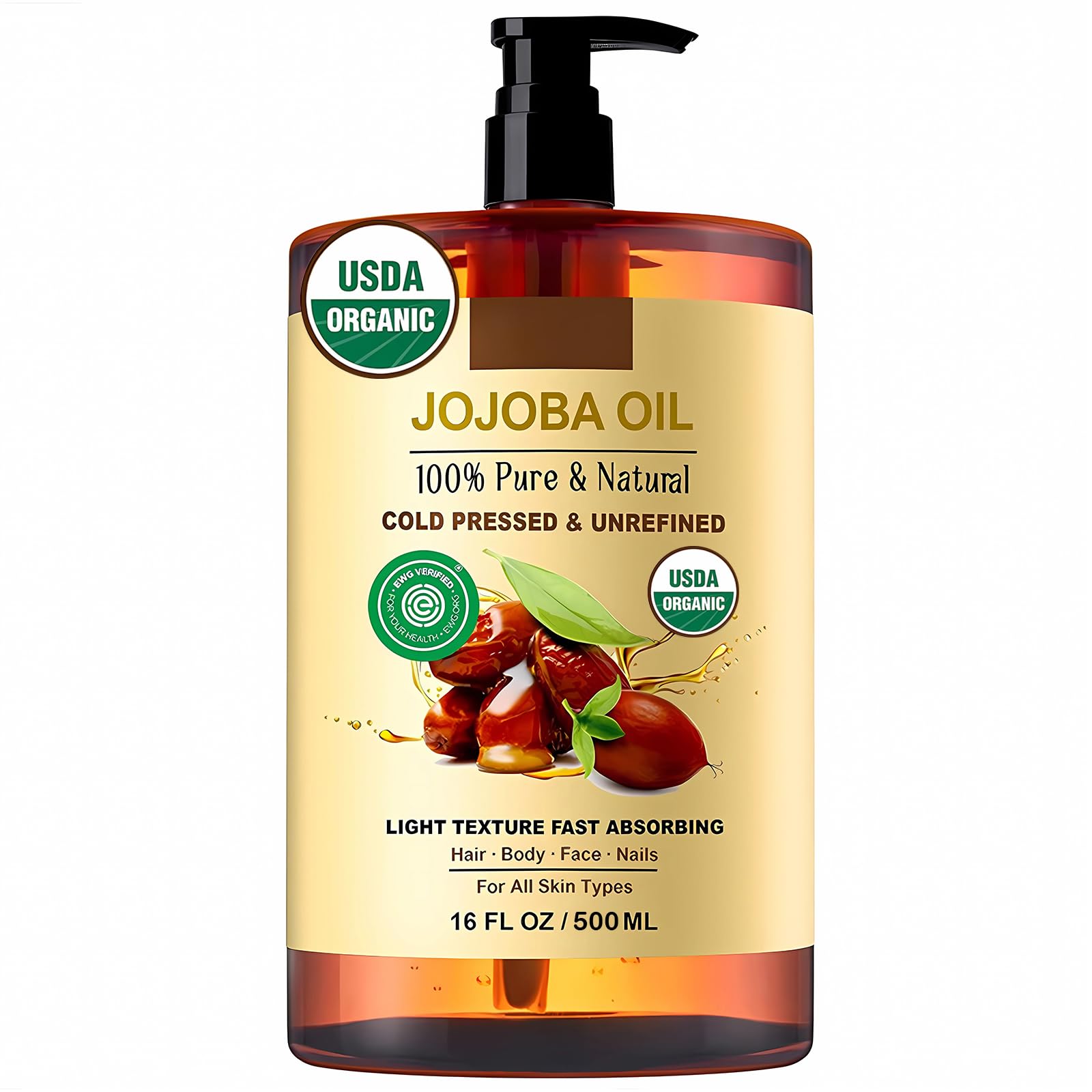 روغن آرگان ارگانیک (500 میلی لیتر)، تایید شده توسط USDA، 100٪ خالص طبیعی، روغن بدن بزرگ با ظرفیت بالا برای پوست، صورت و مو، مرطوب کننده عمیق ضد پیری سرد فشرده نشده برای زنان