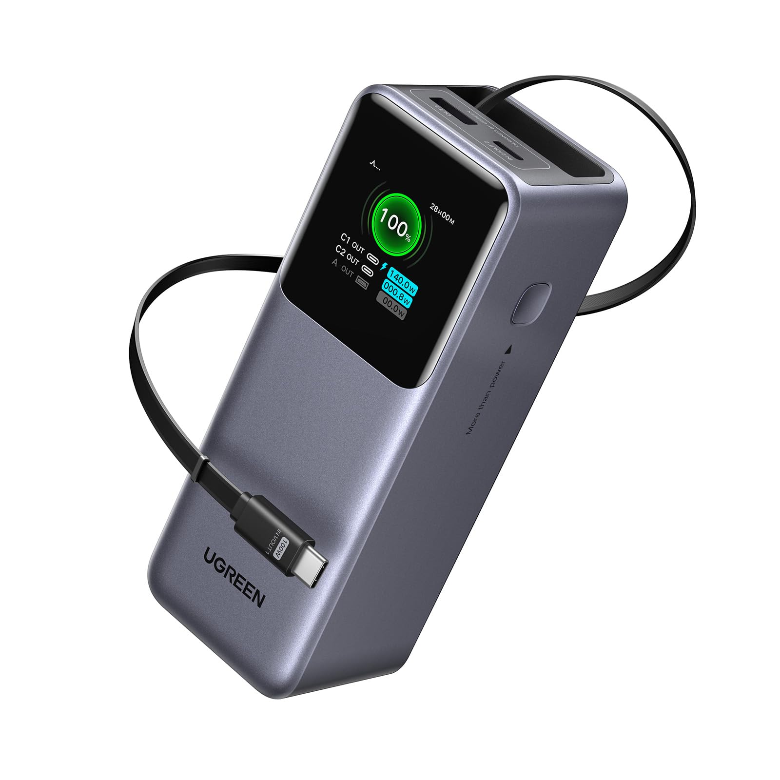 پاور بانک UGREEN Nexode 20000mAh 165W با کابل قابل باز و بسته شدن ۶۵ سانتی‌متری، شارژر قابل حمل با نمایشگر دیجیتال سازگار با آیفون‌های سری ۱۶/۱۵، گلکسی S25U، مک‌بوک، لپ‌تاپ‌های دل و سایر دستگاه‌ها 20000mAh 165W با کابل قابل باز و بسته شدن