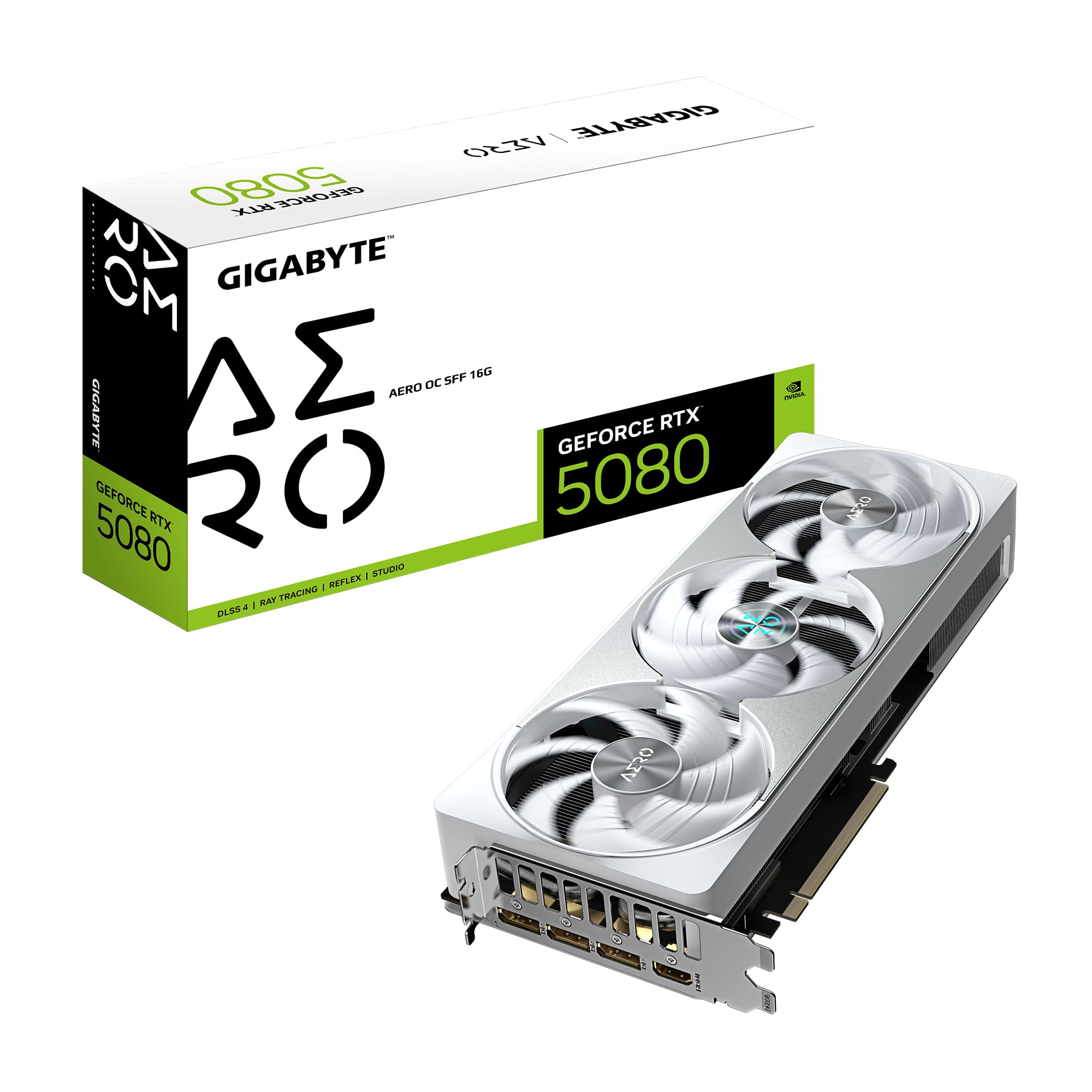 کارت گرافیک Gigabyte GeForce RTX 5080 AERO OC SFF 16G - 16GB GDDR7، 256 بیت، PCI-E 5.0، ساعت هسته 2730MHz، 3 x DisplayPort، 1 x HDMI، GV-N5080AERO OC-16GD