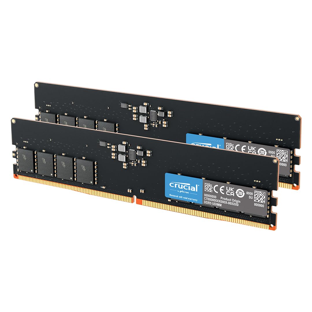 کیت Crucial 128GB (2x64GB) DDR5 RAM با سرعت 5600MHz (یا 5200MHz یا 4800MHz)، کیت حافظه رم دسکتاپ UDIMM 288 پین، سازگار با جدیدترین پردازنده‌های Intel Core و AMD Ryzen 8000 و بالاتر - CT2K64G56C46U5 128GB Kit سرعت 5600MHz (2x64GB)