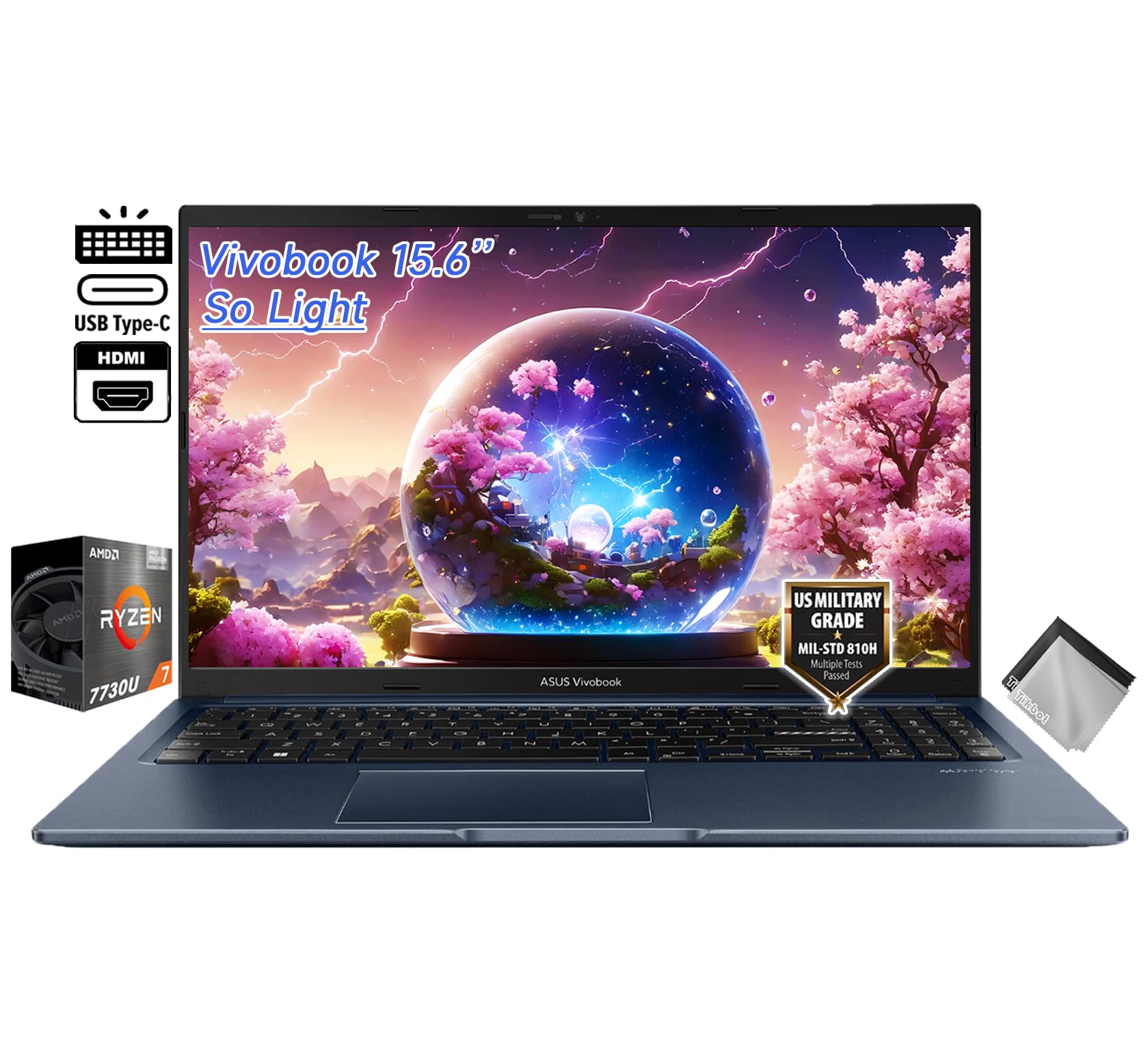 لپ تاپ تجاری نازک ASUS Vivobook 15.6 اینچ - AMD Ryzen 7 7730U - 40GB RAM 1TB SSD - FHD - وبکم - صفحه کلید پس زمینه روشن - USB C - ویندوز ۱۱ هوم - با پارچه
