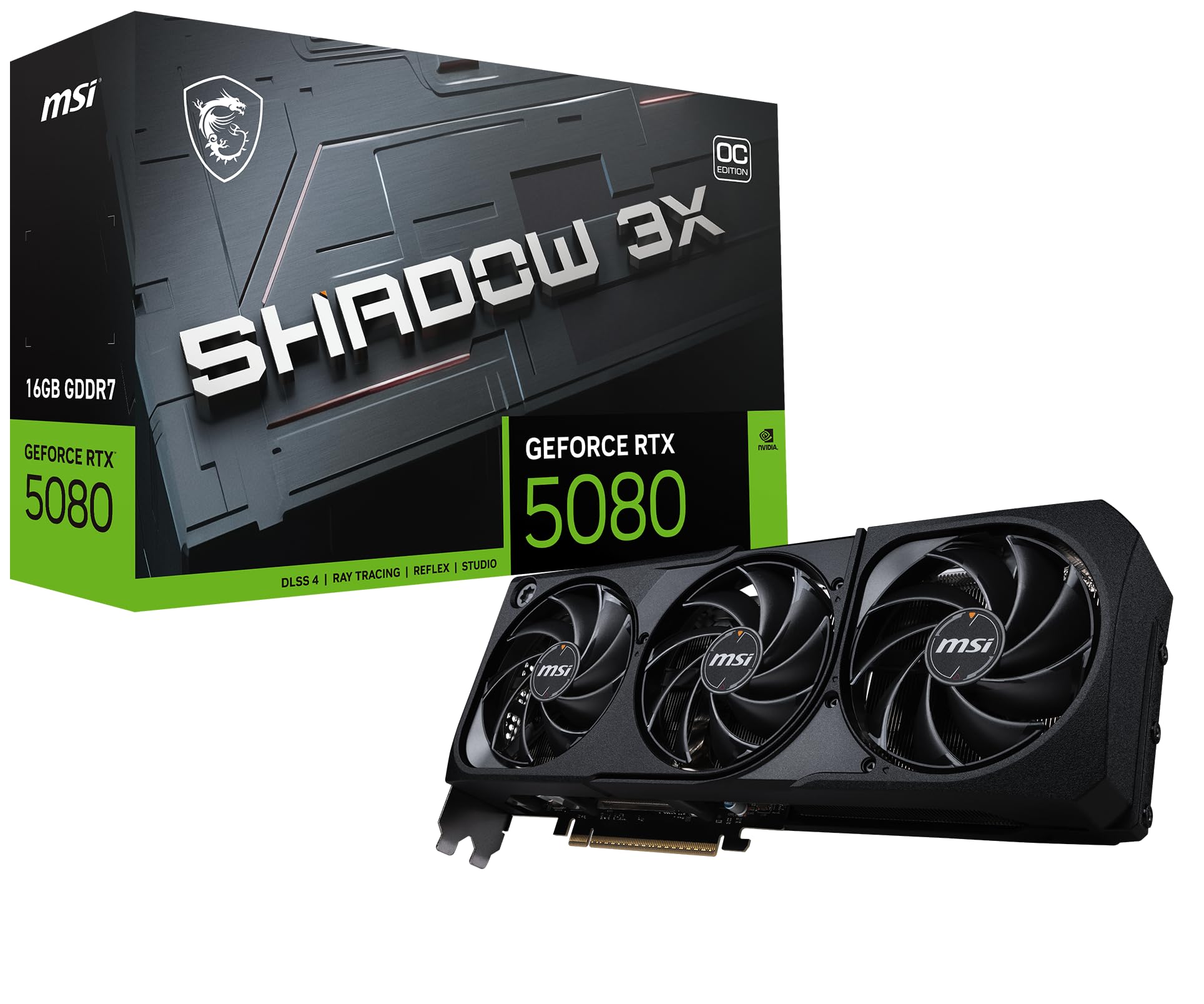 کارت گرافیک MSI Gaming RTX 5080 16G Shadow 3X OC (16GB GDDR7, 256-bit, ساعت سریع TBD مگاهرتز، DisplayPort x 3 2.1a، HDMI 2.1b، معماری NVIDIA Blackwell)