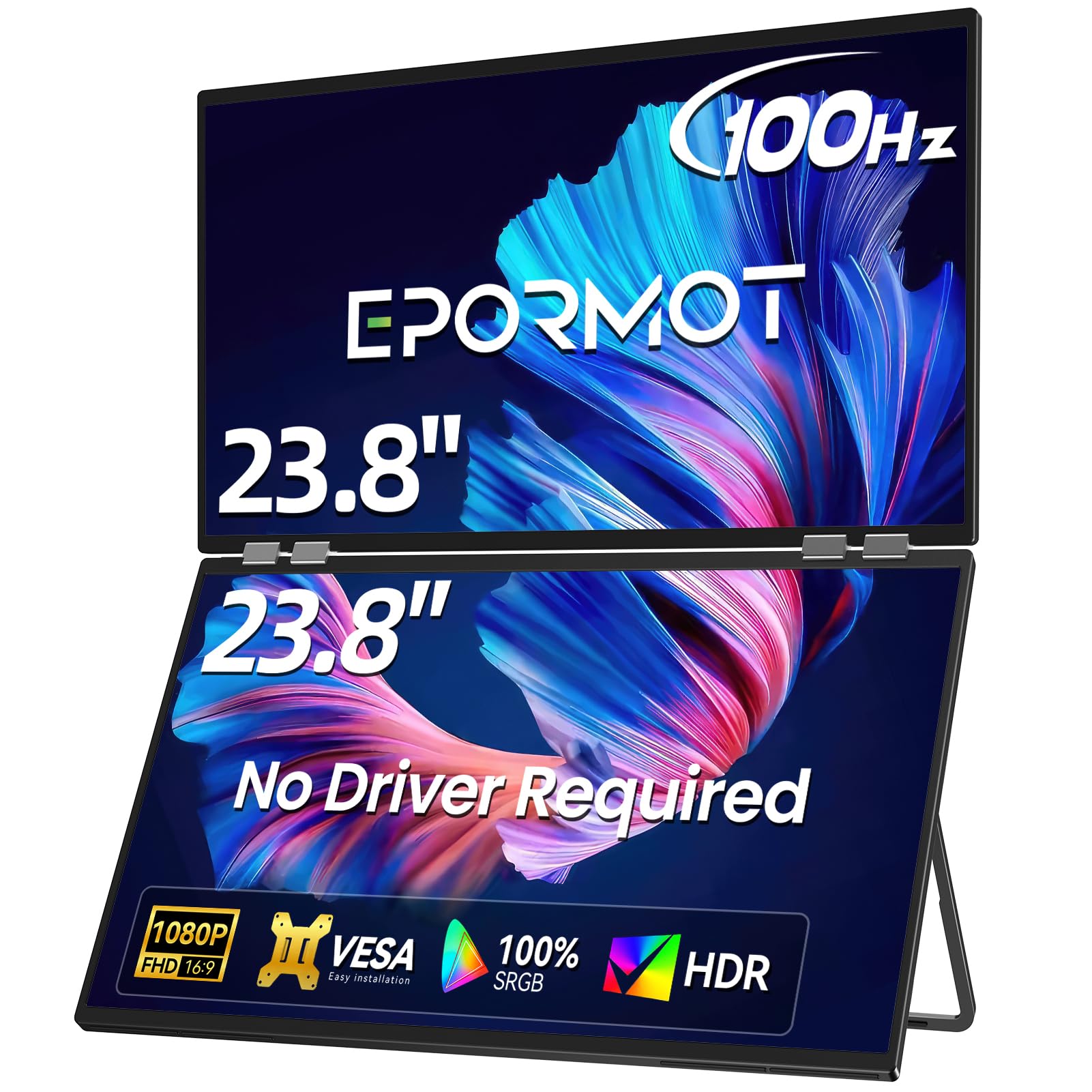 EPORMOT نمایشگر قابل حمل دوگانه ۲۳.۸ اینچی ۱۰۰ هرتز FHD ۱۰۸۰P - نمایشگرهای عمودی دوگانه برای کدنویسی / بازی / معامله ، تقویت کننده صفحه نمایش لپ تاپ USB-C HDMI ۲۳.۸ اینچی ۱۰۸۰P ۱۰۰ هرتز