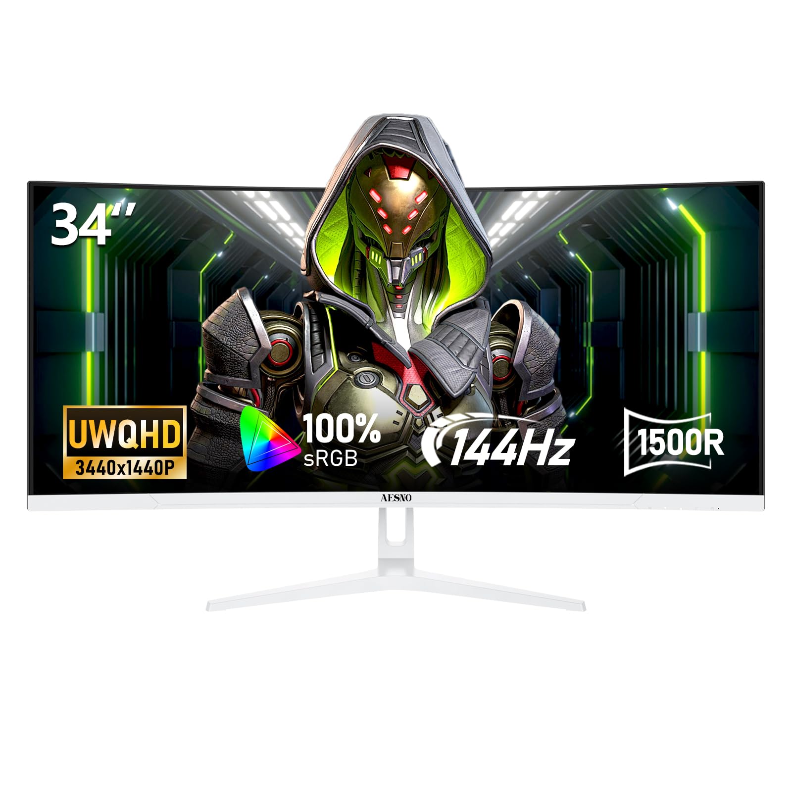 AESNO مانیتور گیمینگ 34 اینچ با UWQHD (3440x1440)، نرخ تازه‌سازی 144Hz، اولتراواید خمیده برای کامپیوتر با نسبت تصویر 21:9 و شعاع انحنا 1500R، نمایشگر 1ms (GTG)، پوشش 100% sRGB، FreeSync، VESA؛ مناسب برای بازی‌های تجاری و اداری (سفید) 34-INCH-UWQHD-144Hz