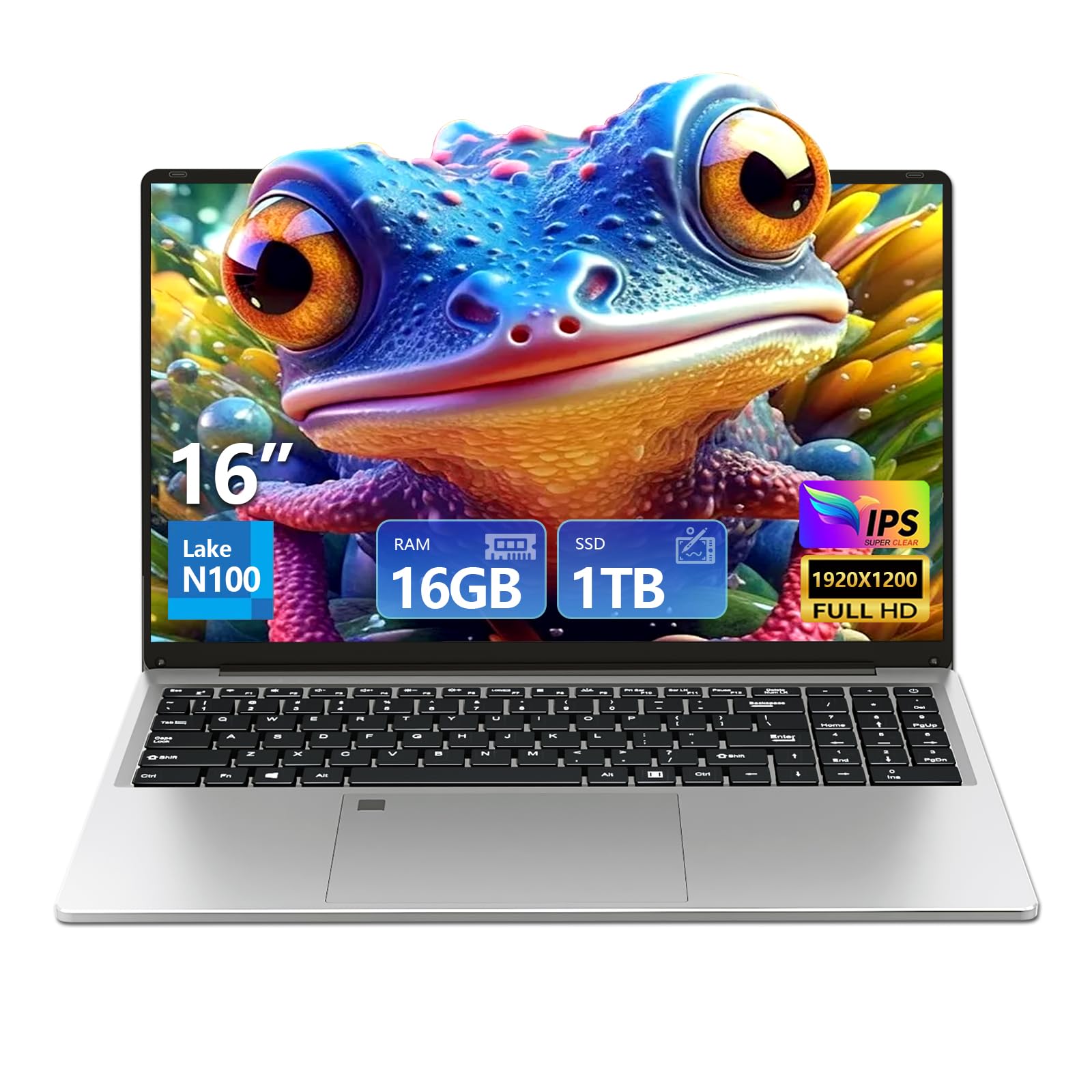 لپ تاپ DUNHOO 16 اینچ مدل N100، پردازنده Intel Celeron نسل ۱۲ ام، رم ۱۶ گیگابایت DDR5، حافظه داخلی ۱ ترابایت از نوع SSD، صفحه نمایش فول اچ دی از نوع IPS 16 اینچی، قابلیت بازکردن با اثر انگشت، صفحه کلید با نور پس زمینه، WiFi نسل ۶، بلوتوث 5.2