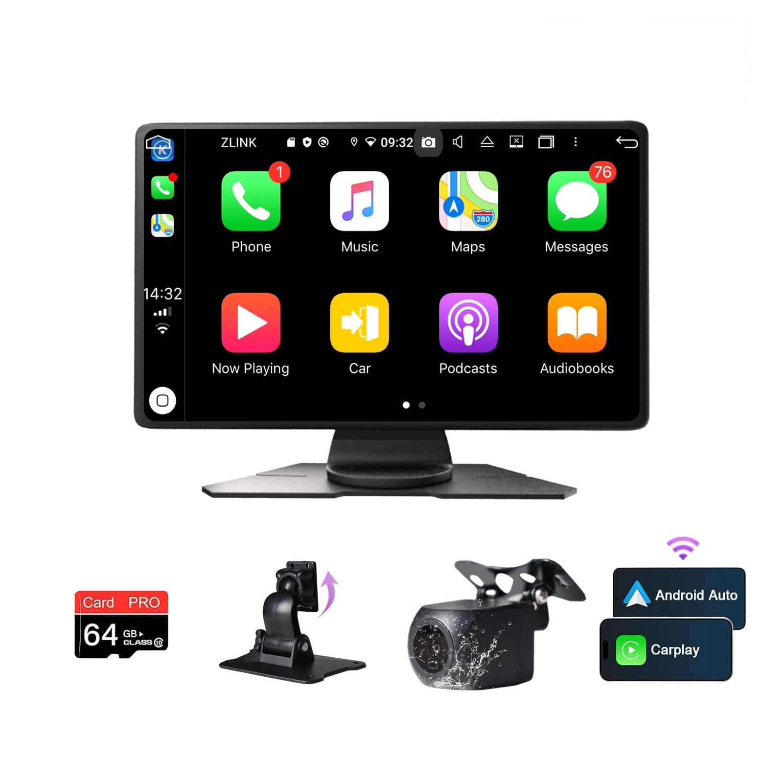 نمایشگر قابل حمل 9 اینچی برای خودروها - سازگار با Apple CarPlay و Android Car، بلوتوث 5.3، دوربین نگاه عقب 1080P، ناوبری GPS، کارت حافظه 64G TF، FM، AUX، (با نصب حلقه مکیدنی) اندروید 13 اینچی با DAB