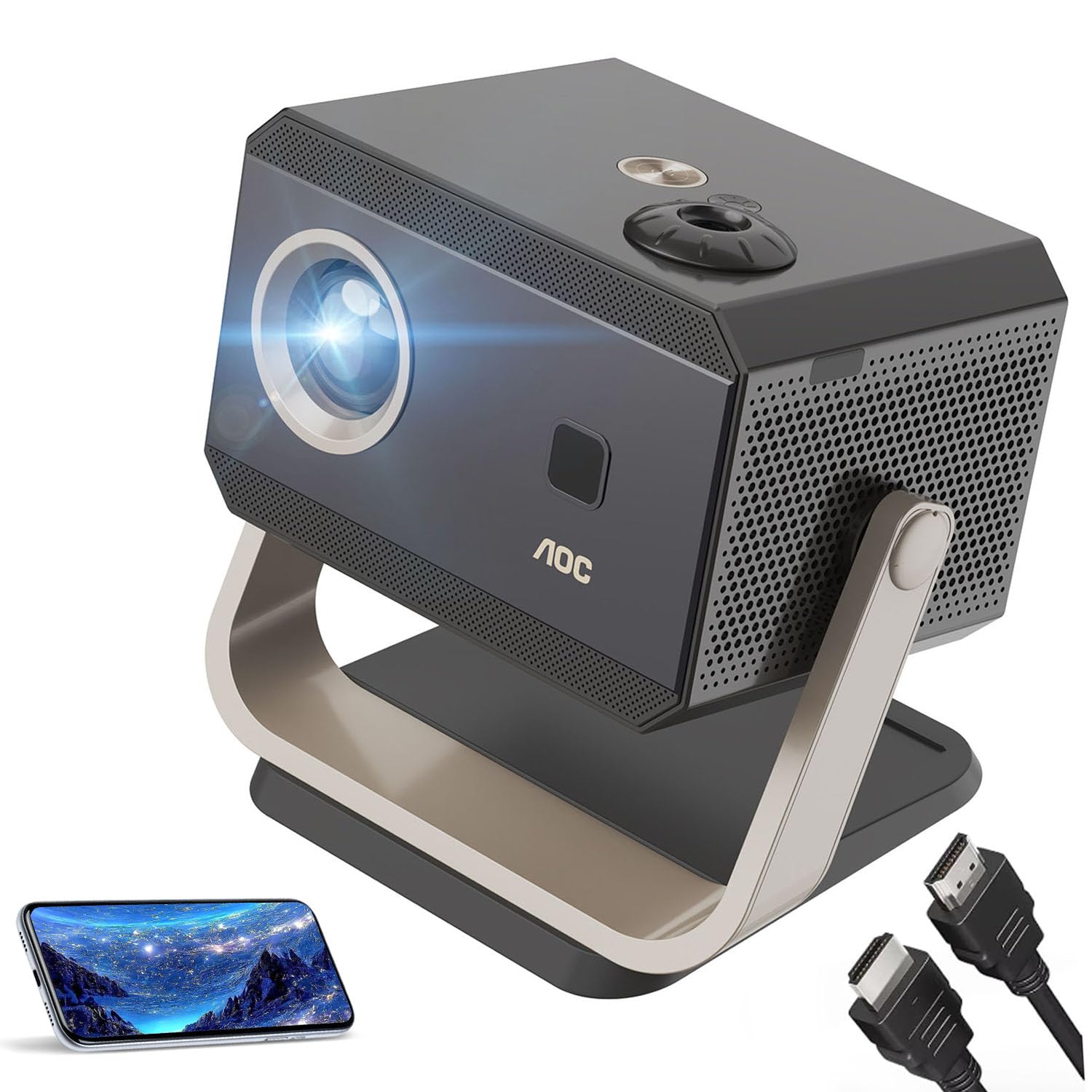 پروژکتور قابل حمل AOC با کیفیت تصویر Full HD 4K/1080P، فوکوس خودکار/تصحیح کی‌استون خودکار/زاویه تنظیم‌پذیر/پروژکتور با Wifi6 و بلوتوث، 15000 لومن، سازگار با IOS/Android/PC/PS4/PS5 برای کار و گیمینگ