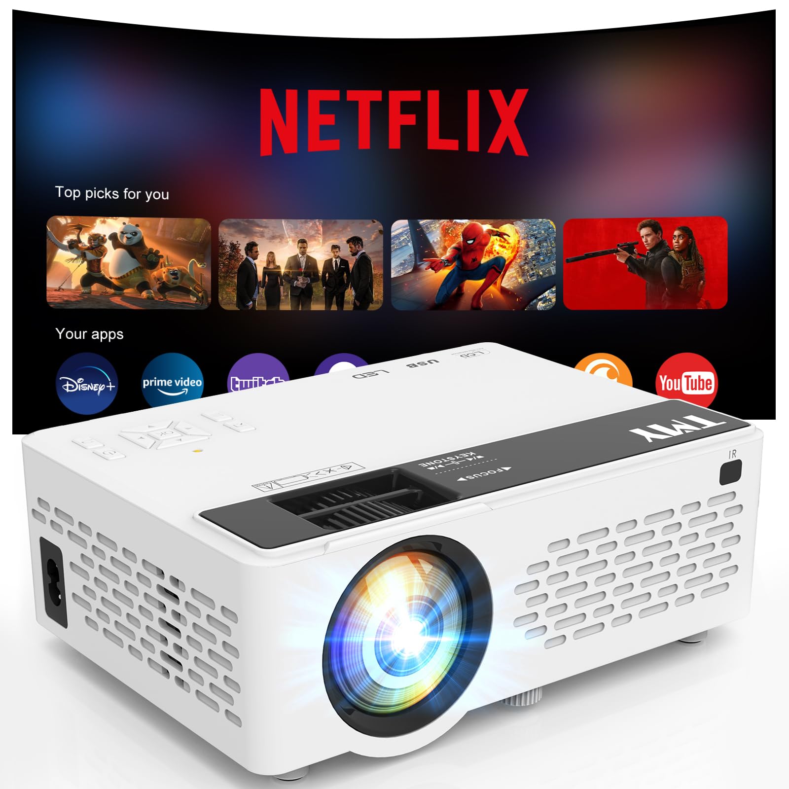پروژکتور قابل حمل تی ام وای TMY با وای فای و بلوتوث، پروژکتور قابل حمل Full HD 1080P، پروژکتور فیلم قابل استفاده با تی وی استیک اسمارتفون / HDMI / USB، استفاده داخلی و خارجی با اپلیکیشن‌ها