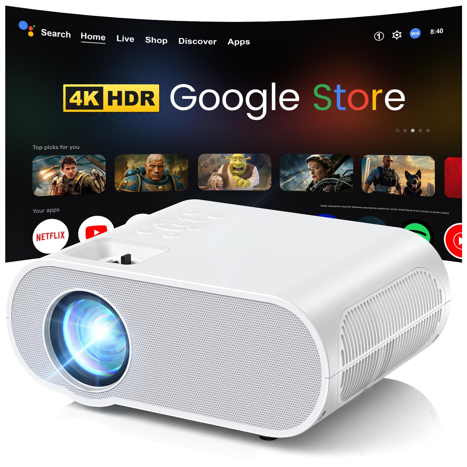 پروژکتور تلویزیون گوگل، پروژکتور HOMPOW HD 4K با وای فای و بلوتوث، پروژکتور خارجی مجاز Netflix، پروژکتور سینمای خانگی برای سیستم iOS/Android Google