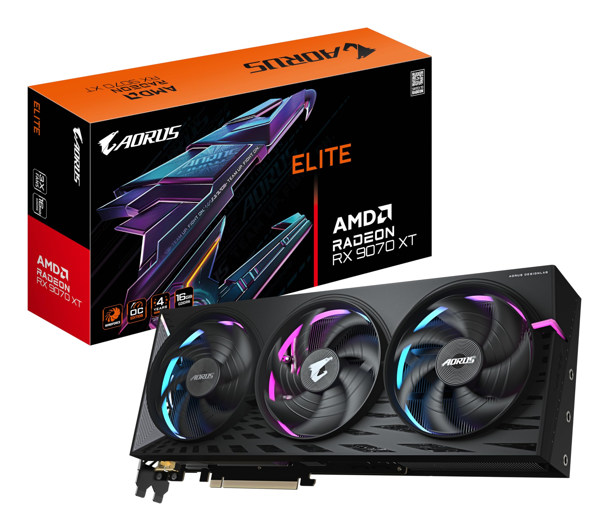 کارت گرافیک Gigabyte AORUS Radeon RX 9070 XT ELITE 16G - ۱۶ گیگابایت GDDR6، ۲۵۶ بیت، PCI‑E 5.0، فرکانس هسته ۳۱۰۰ مگاهرتز، ۲ × DisplayPort، ۲ × HDMI، مدل GV‑R9070XTAORUS E‑16GD