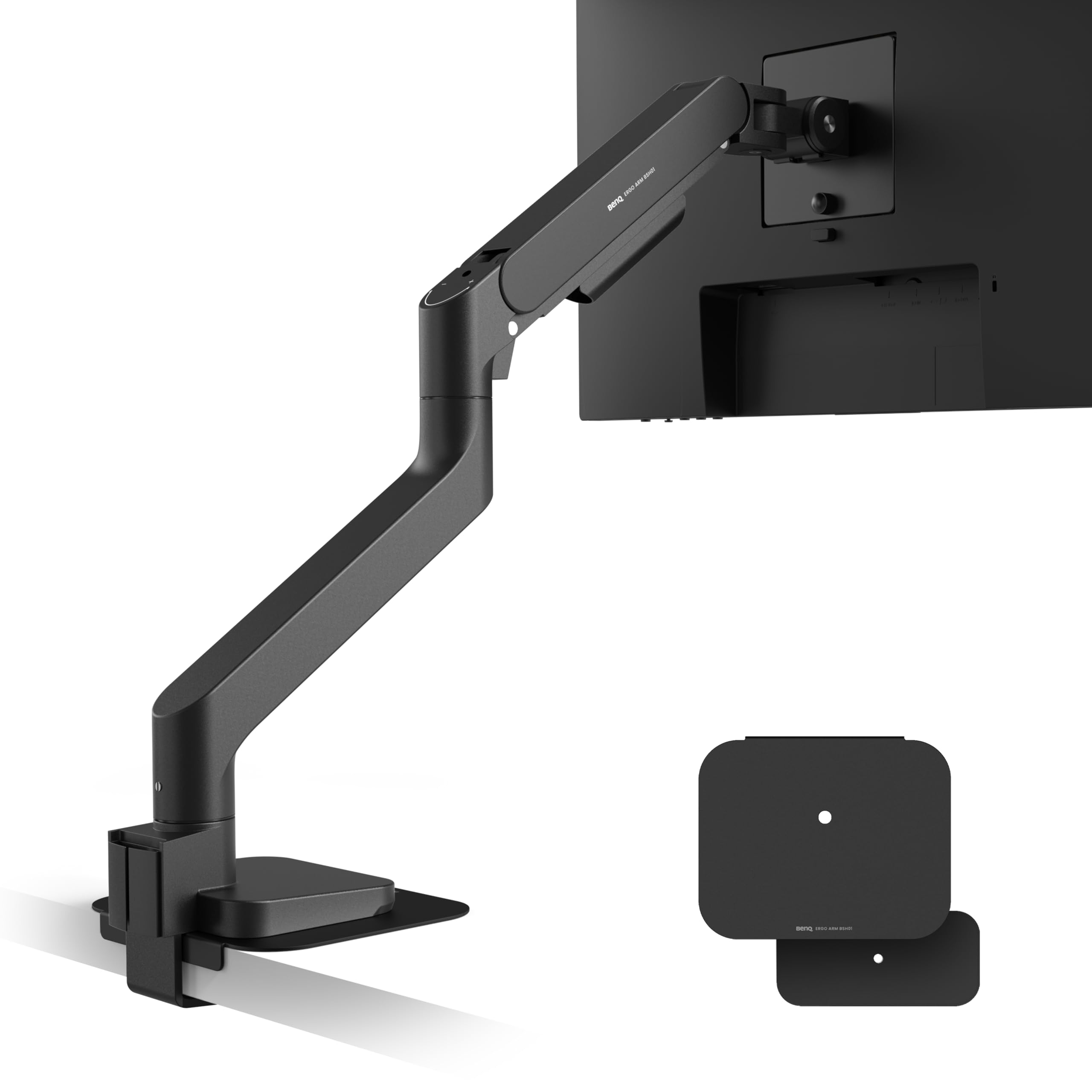 صفحه نمایش Ergo BenQ BSH01 Monitor Arm، ایستگاه گازی نگهدارنده صفحه نمایش، نصب روی میز تا 45 اینچ و وزن 20 کیلوگرم، باستحکام بالا، نصب سریع، بدون تافتگی، بسته بندی بالا و پایه گرومت، صفحه تقویتی، ویسا 75x75 و 100x100 میلی‌متر
