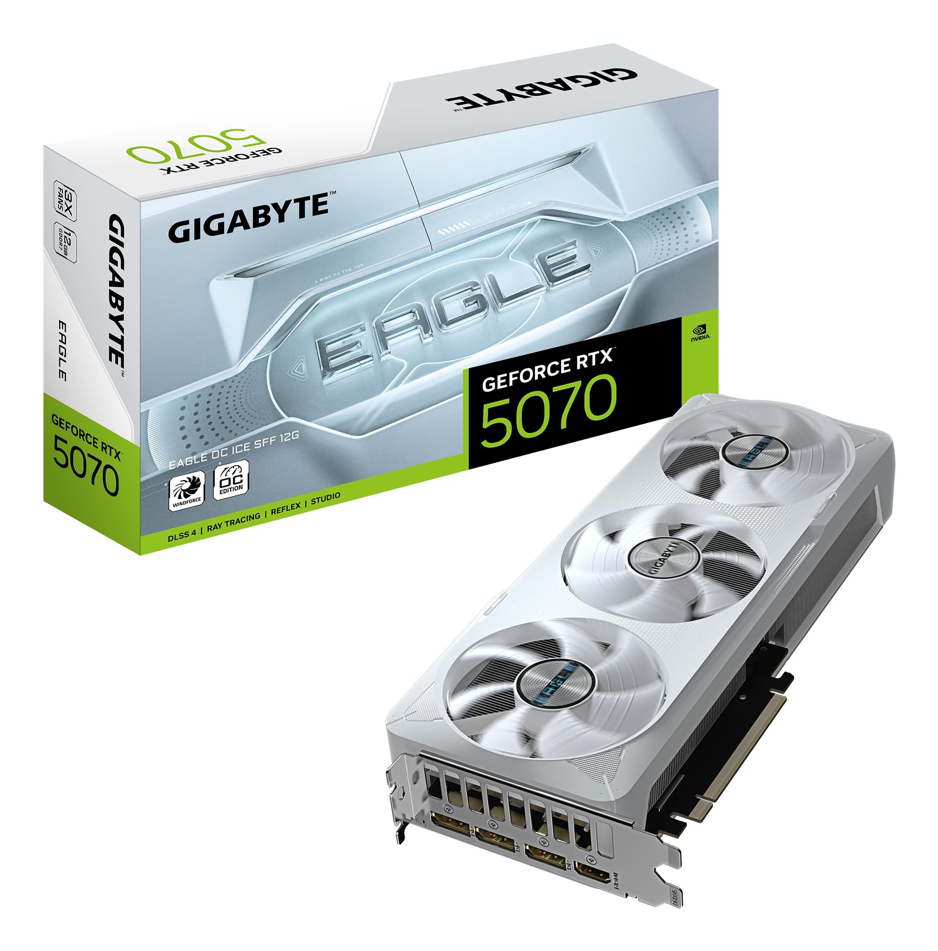 کارت گرافیک گیگابایت GeForce RTX 5070 EAGLE OC ICE SFF 12G - 12GB GDDR7، 192 بیت، PCI-E 5.0، فرکانس هسته 2587 MHz، 3 × DP 2.1a، 1 × HDMI 2.1b، NVIDIA DLSS 4، GV-N5070EAGLEOC ICE-12GD