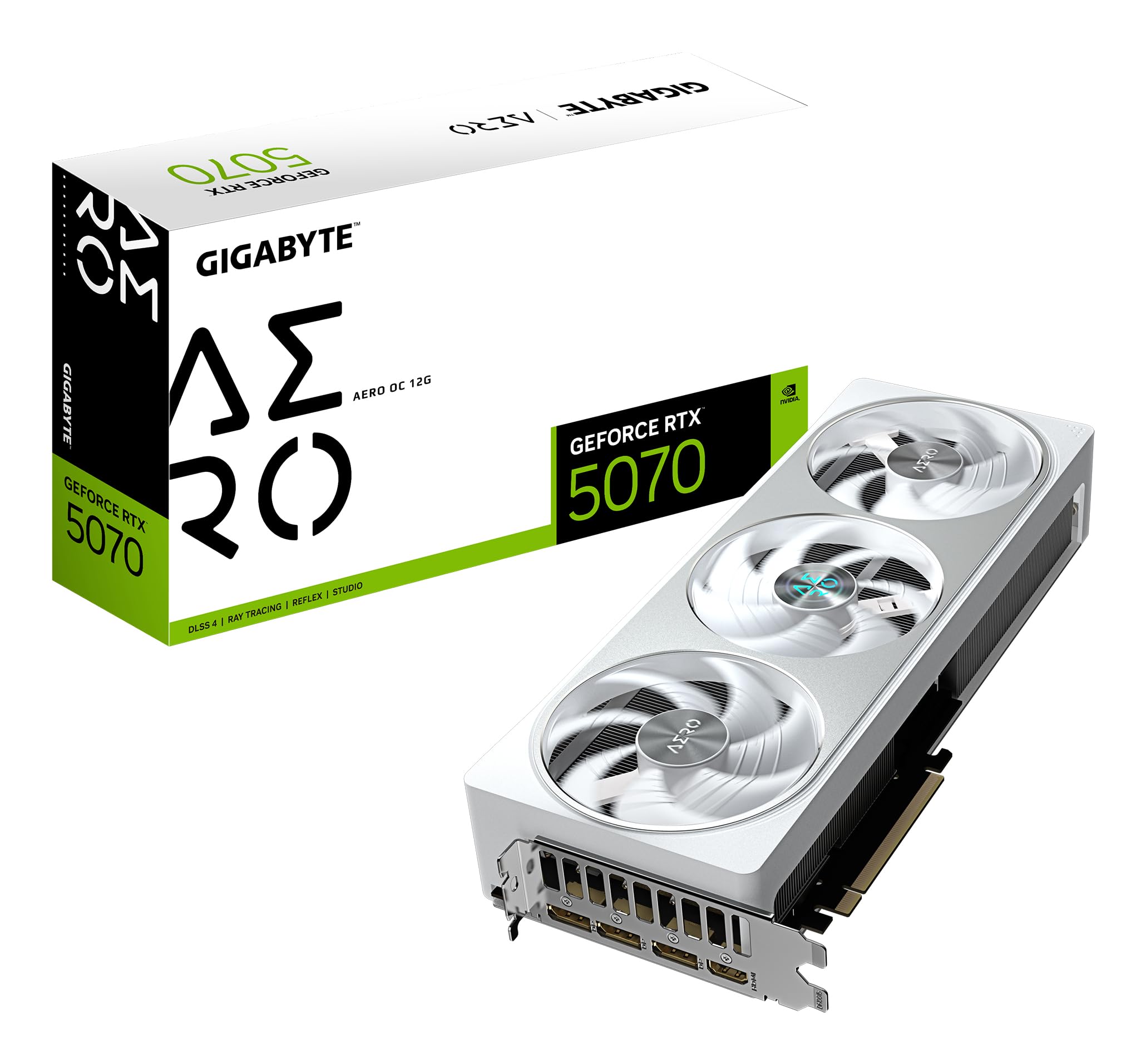کارت گرافیک 12G Gigabyte GeForce RTX 5070 AERO OC - 12GB GDDR7، ۱۹۲ بیت، PCI-E 5.0، فرکانس هسته 2625 مگاهرتز، 3 پورت DP 2.1a، 1 پورت HDMI 2.1b، NVIDIA DLSS 4، GV-N5070AERO OC-12GD
