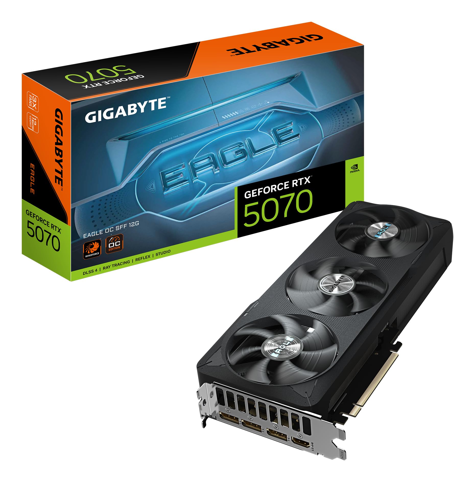 کارت گرافیک Gigabyte GeForce RTX 5070 Eagle OC SFF 12G - حافظه 12 گیگابایت GDDR7، 192 بیت، PCI-E 5.0، ساعت هسته 2587 مگاهرتز، 3 پورت DP 2.1a، 1 پورت HDMI 2.1b، NVIDIA DLSS 4، GV-N5070GAMING OC-12GD