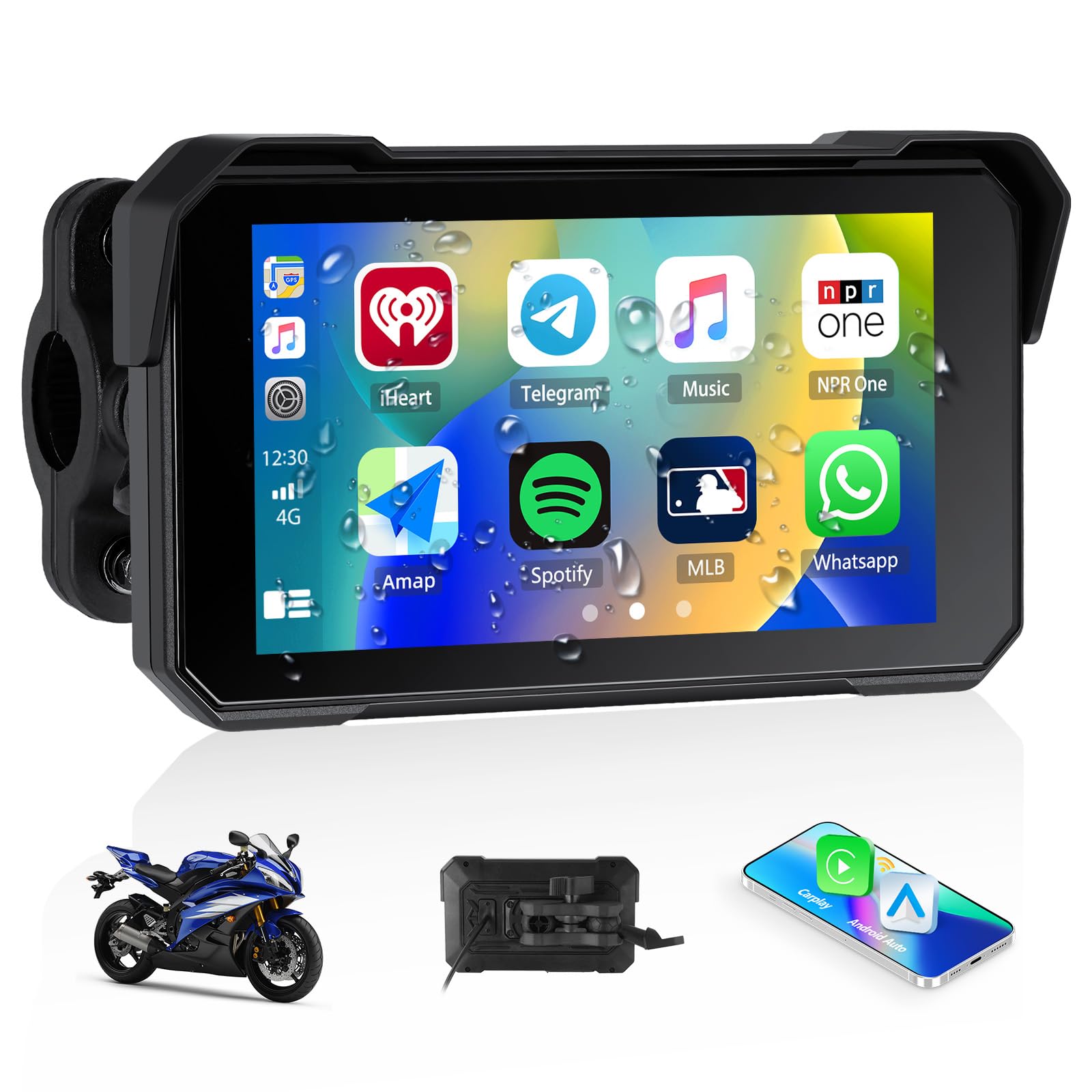 صفحه CarPlay برای موتورسیکلت ، Carplay/Android Auto قابل حمل بی‌سیم برای موتورسیکلت ، نمایشگر رادیوی قابل حمل 5 اینچی IPS ضدآب GPS برای موتورسیکلت با بلوتوث و پورت TF