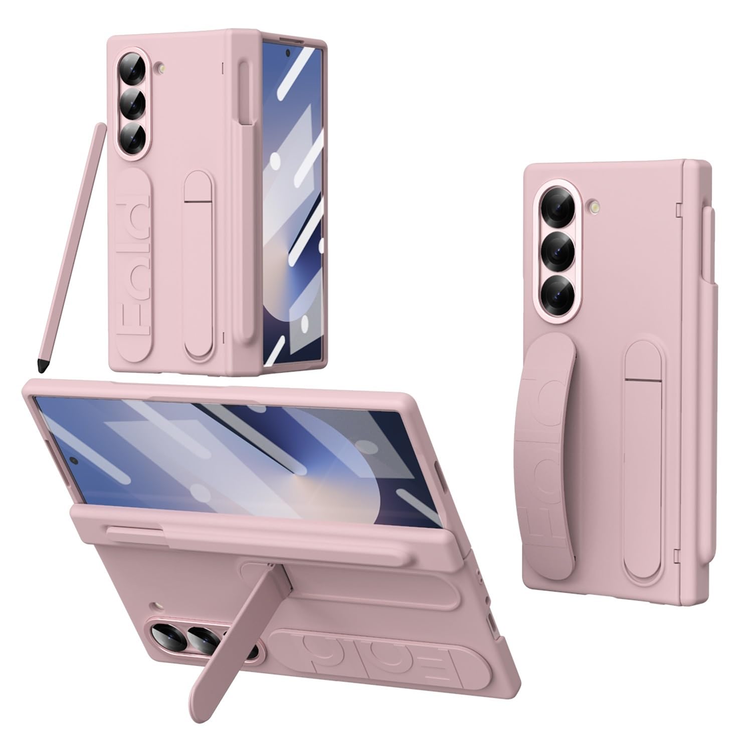 کیس برای سامسونگ گلکسی Z Fold 6 5G با نگهدارنده S Pen، نوار محافظ صفحه نمایش، کیس محافظ ضد ضربه تمام بدنه با پایه قابل تنظیم برای سامسونگ Z Fold 6 2024 (صورتی)