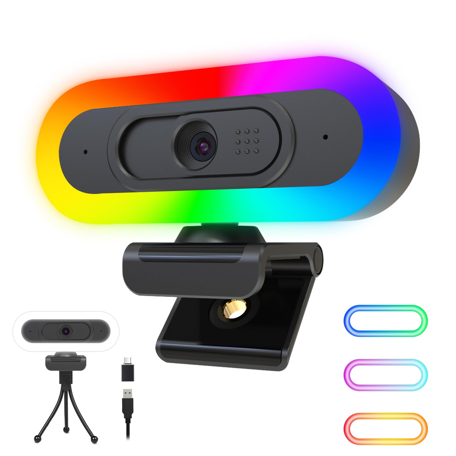وب‌کم پخش آنلاین ToLuLu با کیفیت ۲K و 50 فریم در ثانیه، دوربین وب RGB با میکروفون و چراغ، دوربین کامپیوتری خودکار با کاور و تریپاد، وب‌کم USB پلاگ‌اند پلی برای رایانه شخصی/مک بوک بازی و تماس ویدیویی ۲K خودکار دوربین رینگ‌لایت RGB