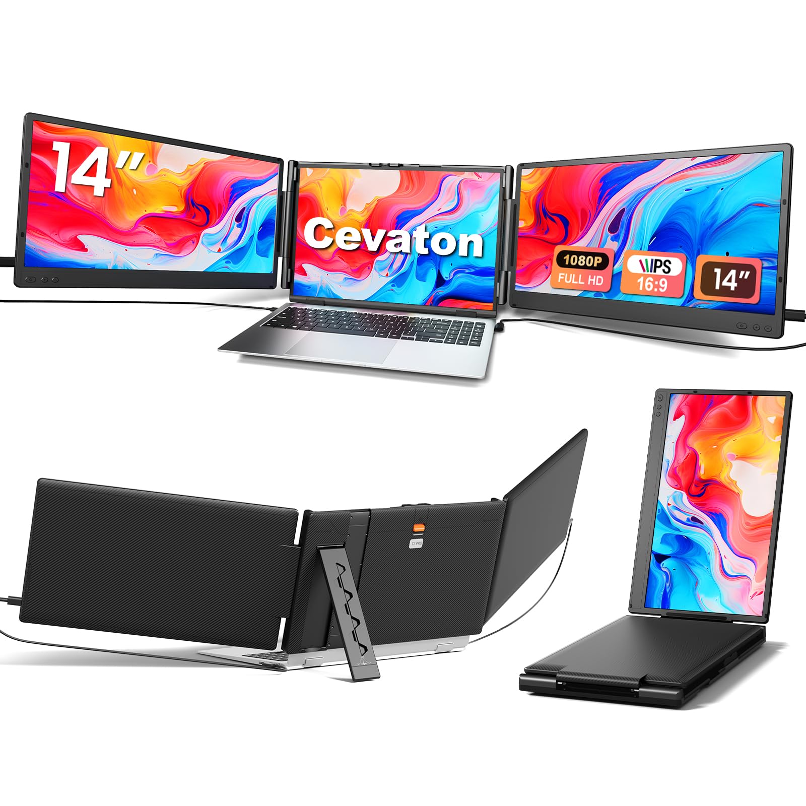 توسعه صفحه نمایش لپ تاپ سواتون، سه مانیتور قابل حمل FHD 1080p، افزایش دهنده صفحه نمایش قابل پخش، عرض قابل تنظیم اتوماتیک، برای لپتاپ‌های 13-17 اینچی، سازگار