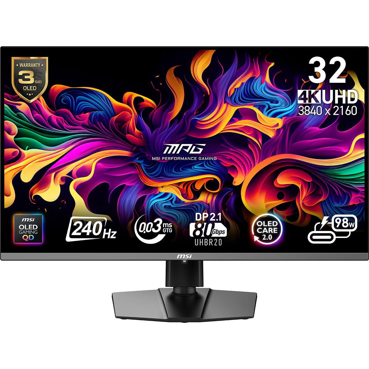مانیتور کامپیوتر MSI MPG 322URX QD-OLED 32 اینچی 3840 × 2160 (UHD)، 240Hz، Adaptive-Synch، پورت HDMI، پورت DP، قابل نصب بر روی VESA، تیلت، بلندگو، 0.03 میلی ثانیه، مشکی