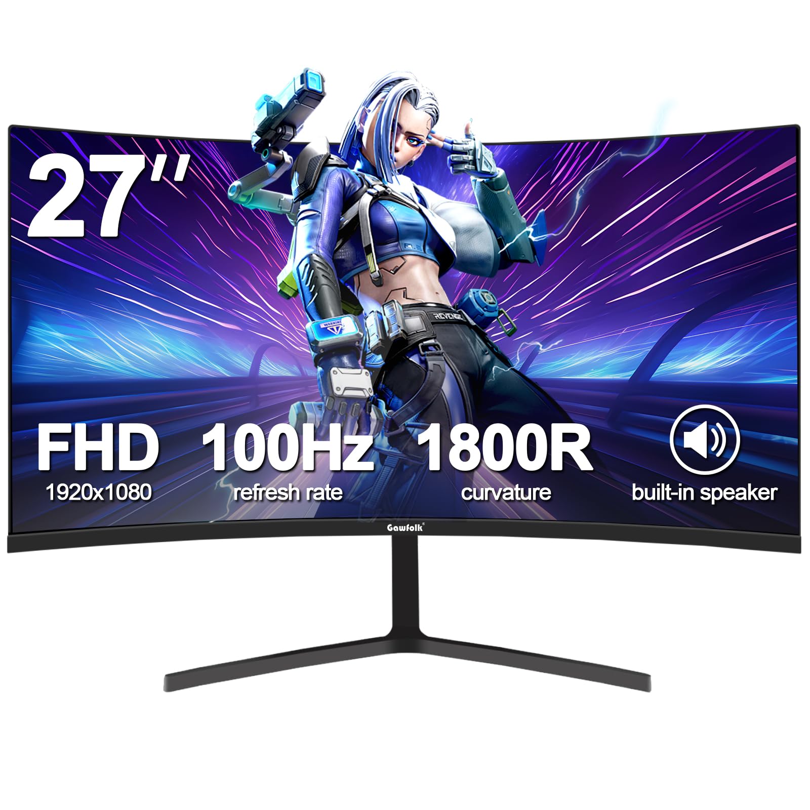 مانیتور بازی 27 اینچ Gawfolk با کیفیت تصویر Full HD، 100Hz، اسپیکر داخلی، منحنی 1800R، مناسب برای استفاده در دفتر کار، منزل و سرگرمی با صفحه نمایش بدون قاب، 100٪ sRGB، روشنایی 300cd/m².