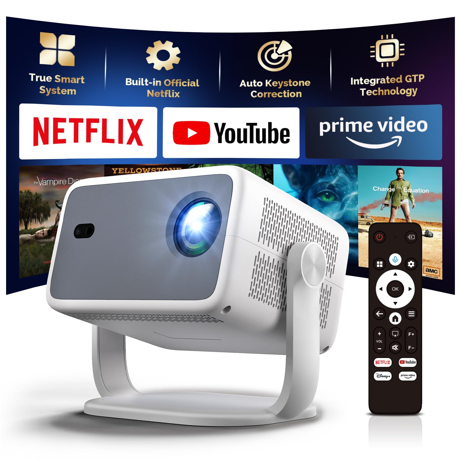 پروژکتور 4K با وای فای و بلوتوث، نتفلیکس رسمی و خودکار فوکوس، پشتیبانی کامل از FULL HD 4K پروژکتور، دالبی آتموس و خودکار کی‌استون با برنامه‌های داخلی، ریموت صوتی ChatGPT پروژکتور ویدئوی خانگی