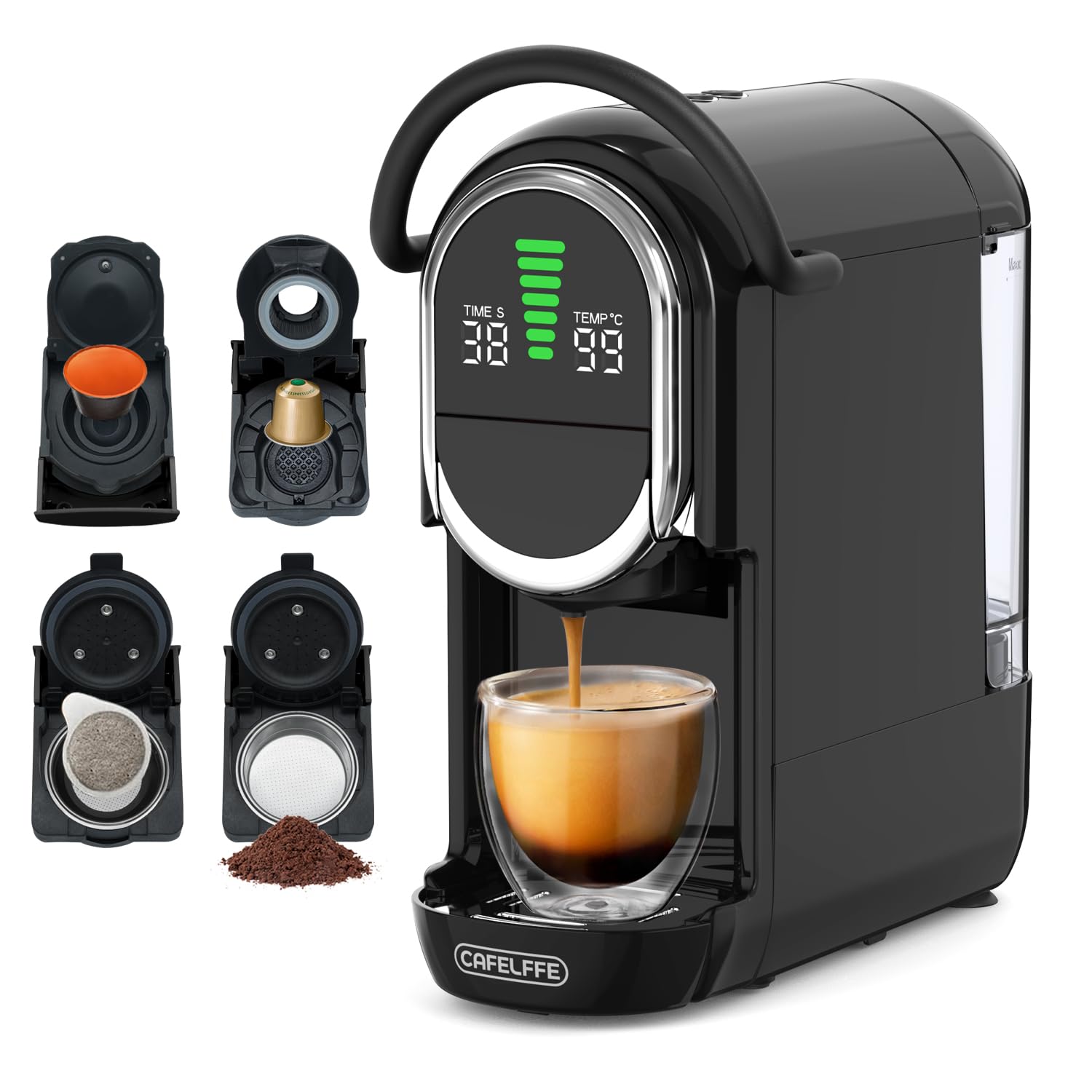 ماشین قهوه کپسولی خودکار CAFELFFE 4-In-1 | قهوه ساز گرم و سرد | دمای قابل تنظیم و حجم قهوه | ماشین اسپرسو برای کپسول‌های Nes*, DG*, ESE و پودر قهوه - رنگ مشکی مات