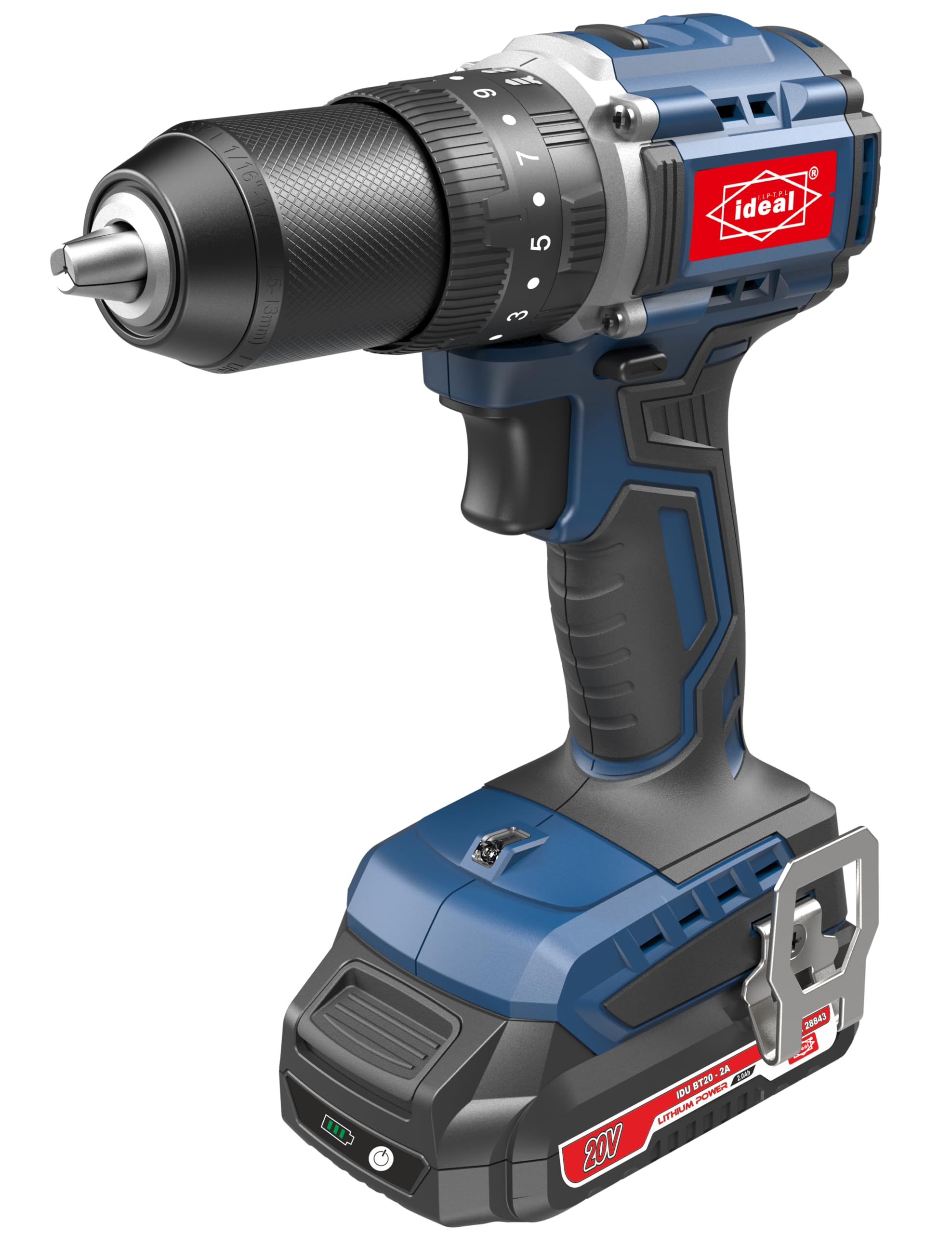 دریل برس بی‌سیم IDU ID-B50 Ultra Brushless، سرعت متغیر، سه‌پن، گشتاور 50 نیوتن متر، 1800 دور در دقیقه، طراحی کوچک و چندکاره، باطری 2000 میلی‌آمپر و شارژر ارائه شده است.