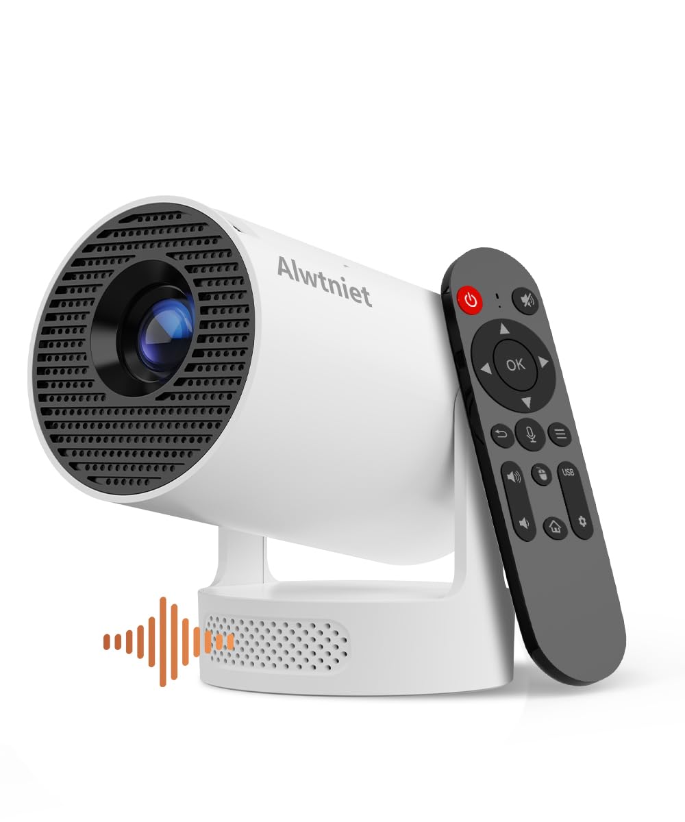Alwtniet Mini Projector، پروژکتور کوچک پشتیبانی از 4K، Wi-Fi 6 و بلوتوث 5.4، بلندگوی 5 وات، اصلاح اتوماتیک کی‌استون، چرخش 180 درجه، پروژکتور قابل حمل برای خانه و فضای باز اندروید 11، بلندگوی 5 W + فوکوس دستی