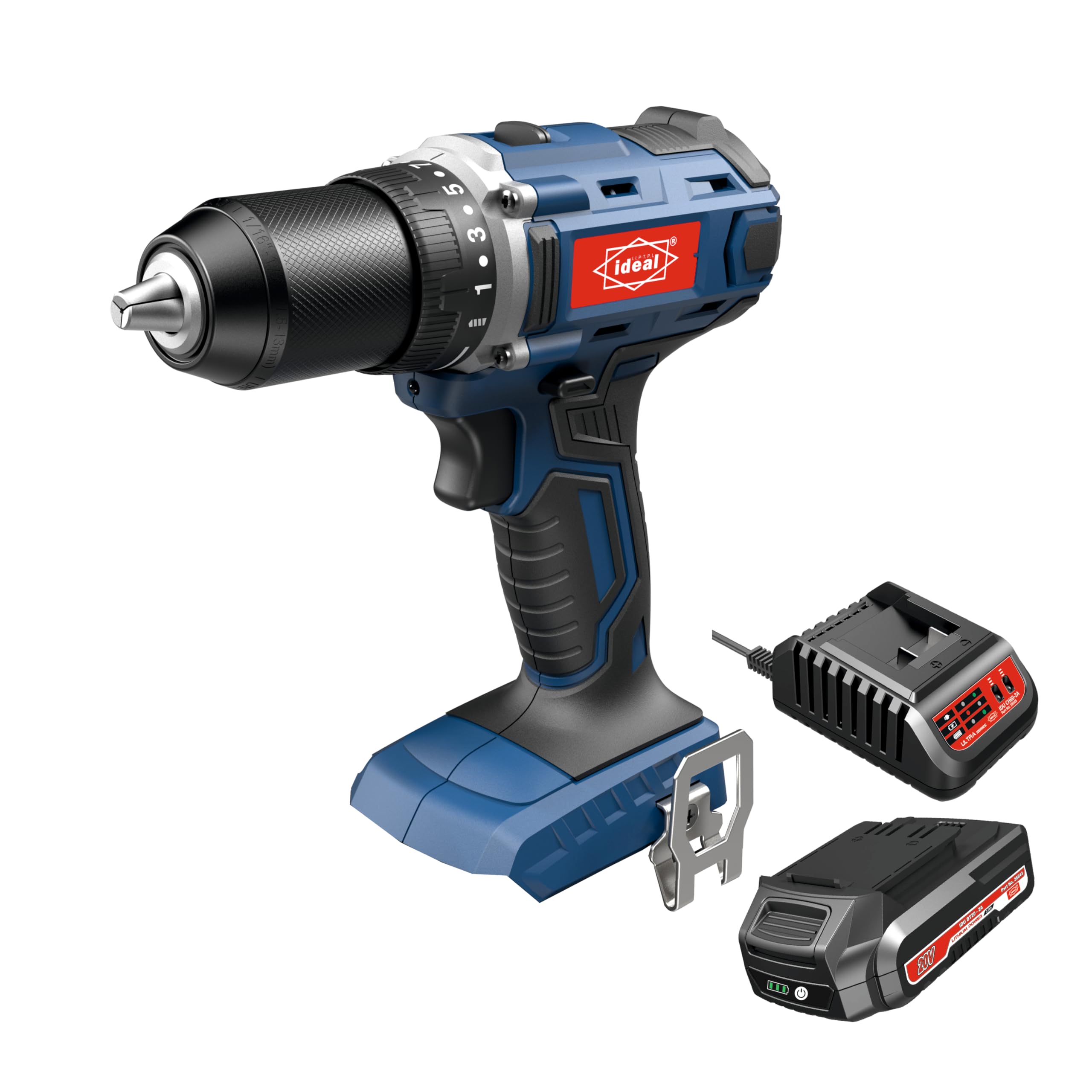 مدل IDU ED-45 Ultra Cordless Drill Machine - 1500 دور در دقیقه، 45Nm گشتاور، سه‌پنجم اینچ چاک، باتری 2000mAh و شارژر 220-240 ولت - 50/60هرتز. گواهینامه CE، CB، ROHS
