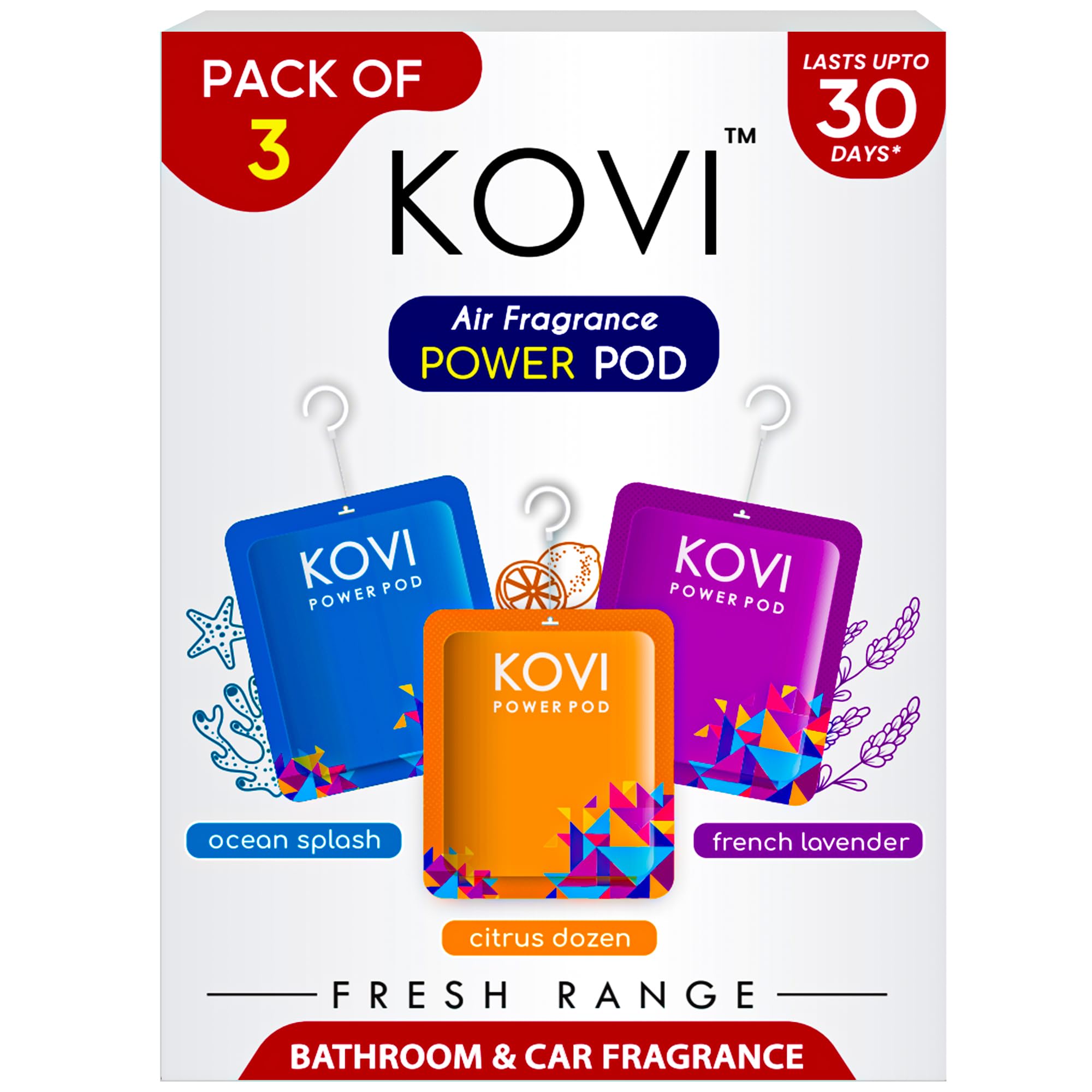 پکیج هواپز KOVI Air Fragrance Power Pod برای حمام و اتومبیل، عطرهای ماندگار از مرکبات، اسپلش اقیانوس، اسطوخودوس، با روغن‌های اسانس گیاهی، تا 30 روز ماندگار است، مجموعه تازه، بسته 3 عددی (10 گرم هرکدام)