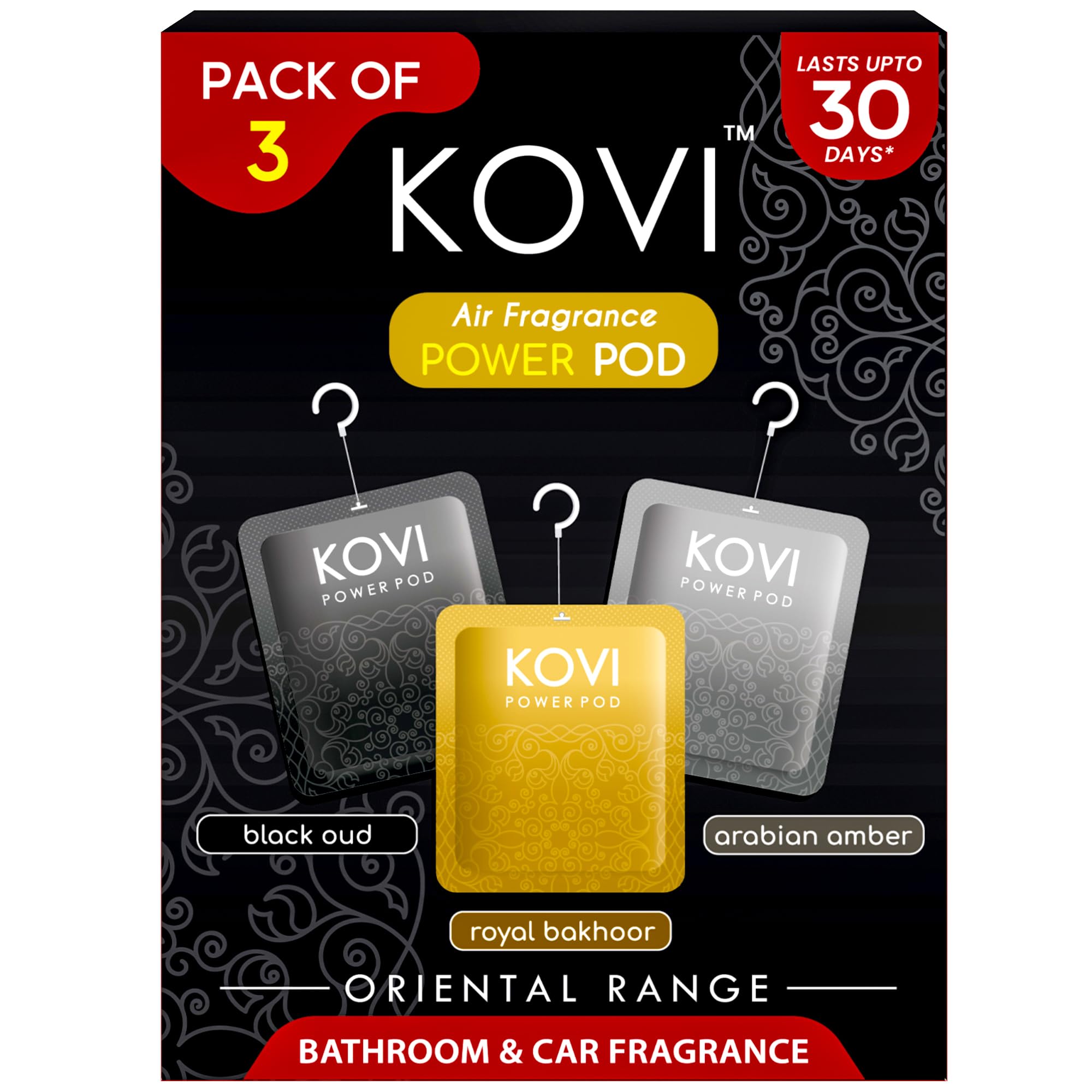پکیج توانایی بویایی KOVI Air Fragrance Power Pod برای حمام و خودرو، عطرهای ماندگار اود سیاه، بخور سلطنتی، عنبر، با اسانس‌های ضروری، تا ۳۰ روز ماندگاری، مجموعه شرقی، بسته ۳ عددی (۱۰ گرم هر کدام)