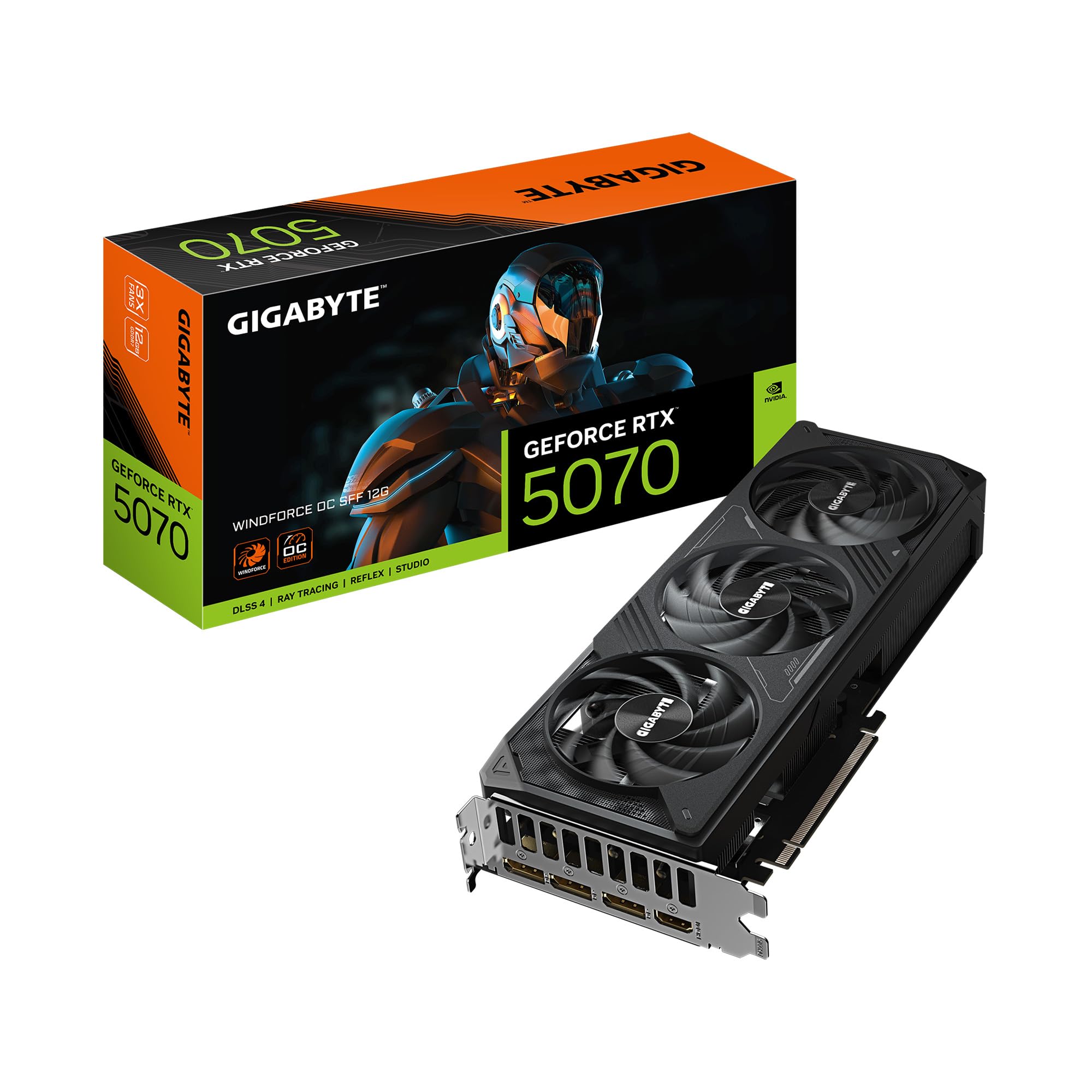 GIGABYTE GeForce RTX 5070 WINDFORCE OC SFF 12G کارت گرافیک، 12 گیگابایت 192 بیتی GDDR7، PCIe 5.0، سیستم خنک‌کننده WINDFORCE، کارت ویدئویی GV-N5070WF3OC-12GD