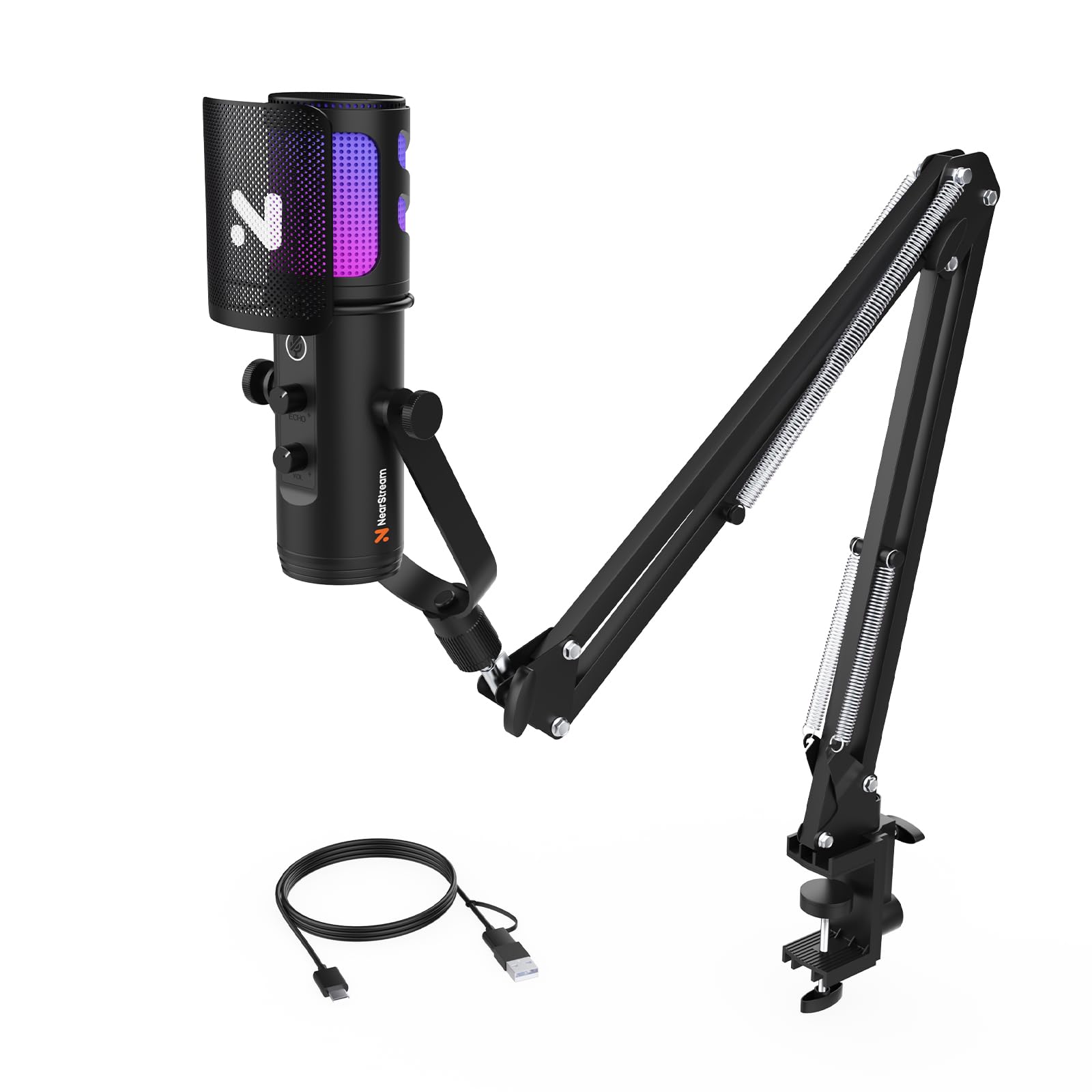 میکروفون NearStream AM30U USB برای کامپیوتر، میکروفون بازی با کاهش نویز/نورهای RGB/قطع صدا/افزایش/مانیتور/فیلتر صدا، میکروفون کاندنسر حرفه ای با بازوی بوم برای استریم/پادکست/کامپیوتر/مک/پلی استیشن ۴/پلی استیشن ۵