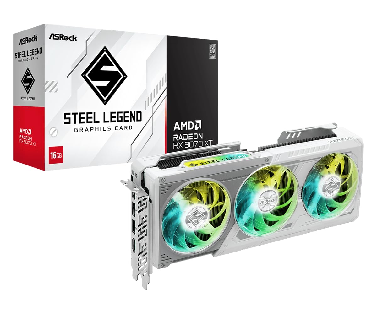 کارت گرافیک ASRock AMD Radeon RX 9070 XT Steel Legend 16GB سفید، با 20 گیگابیت بر ثانیه GDDR6 ورای 256 بیت (سومین نسل RT و دومین نسل شتاب‌دهنده هوش مصنوعی) PCIe5.0 800 وات، دارای 2x8 پین و سه فن دوگانه DP2.1a HDMI2.1b با 2.9 اسلات