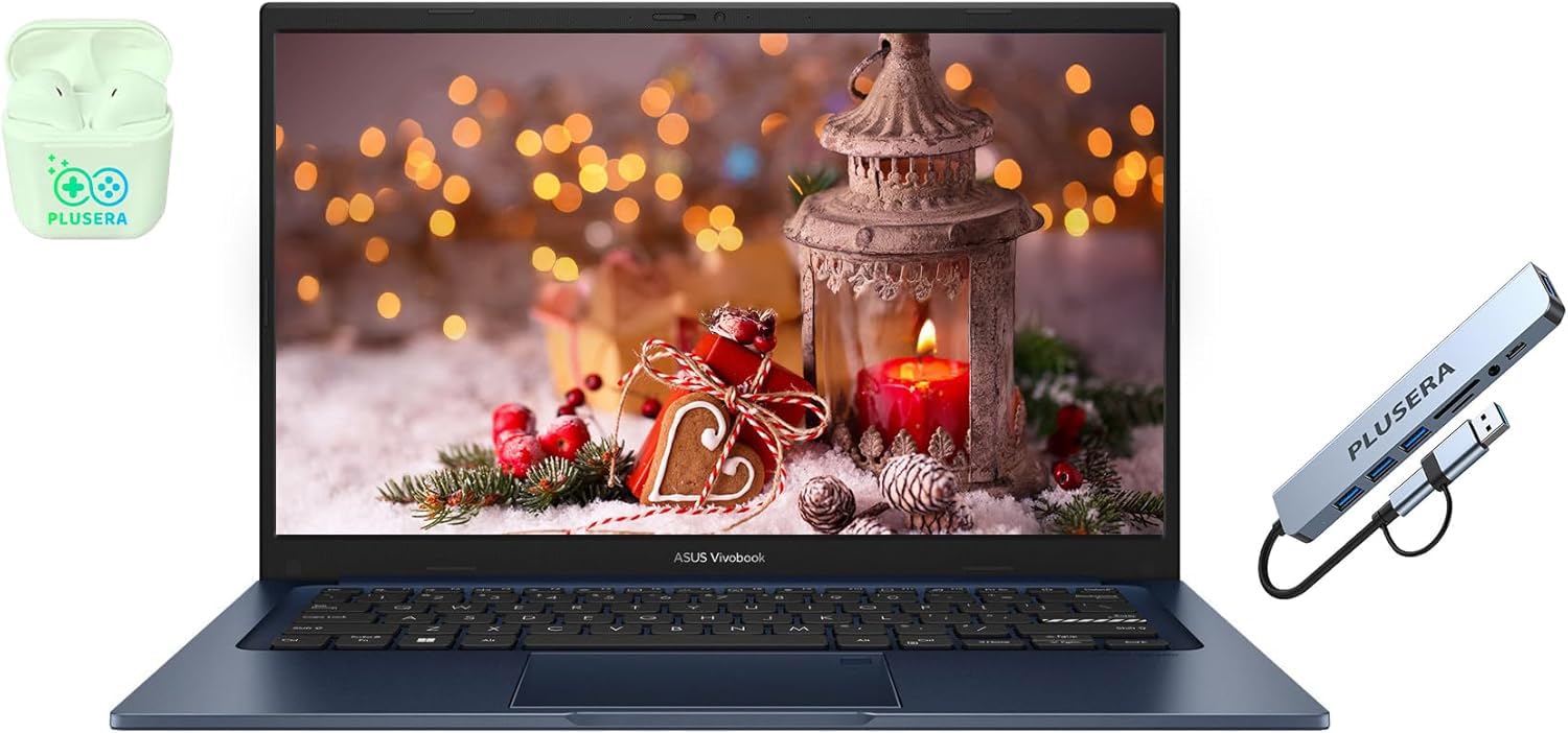 لپ تاپ ASUS Vivobook 14 اینچ با صفحه نمایش FHD، 40 گیگابایت رم، ذخیره‌سازی 1.5 ترابایت (1 ترابایت از نوع اس‌اس‌دی + 512 گیگابایت از نوع استیشن داکینگ)، پردازنده ۶ هسته‌ای اینتل کور i3، ویندوز ۱۱ پرو با آفیس مایکروسافت هوم اند بیزینس، همراه با هدفون PLUSERA ویژه. 40 گیگابایت رم، ۱.5 ترابایت حافظه Intel Core i3.