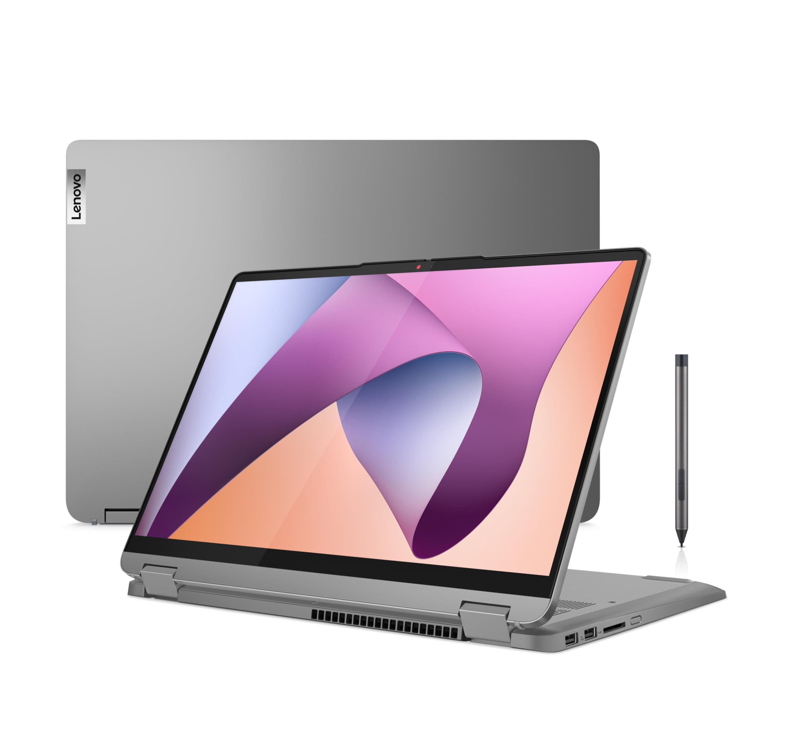 لپ تاپ لنوو Flex 5 14ABR8 2in1، صفحه نمایش لمسی ۱۴ اینچی WUXGA Glossy، Ryzen 5 7430U، 8GB RAM، 512GB SSD، گرافیک Radeon یکپارچه، کیبورد انگلیسی-عربی با نور پس زمینه، ویندوز ۱۱، رنگ آرکتیک خاکستری + قلم [82XX00C4AX]