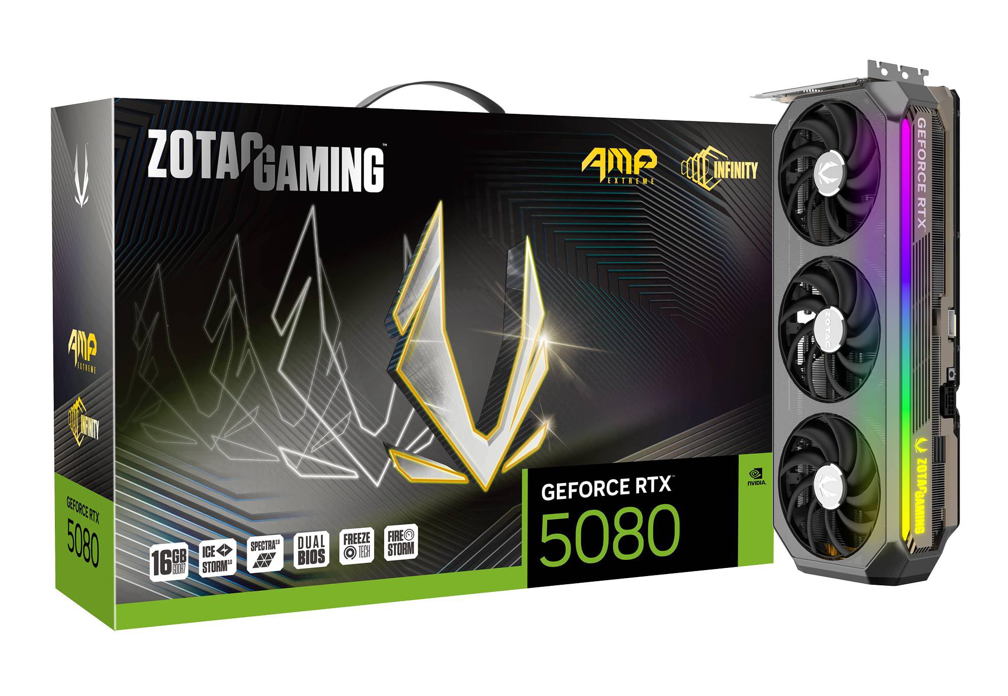 کارت گرافیک گیمینگ ZOTAC GeForce RTX 5080 AMP Extreme Infinity DLSS 4 با حافظه 16 گیگابایت GDDR7، باس 256 بیتی، پهنای باند 30 Gbps، رابط PCIe 5.0، خنک‌کنندگی پیشرفته IceStorm 3.0، نورپردازی ARGB Spectra 2.0، مدل ZT-B50800B-10P