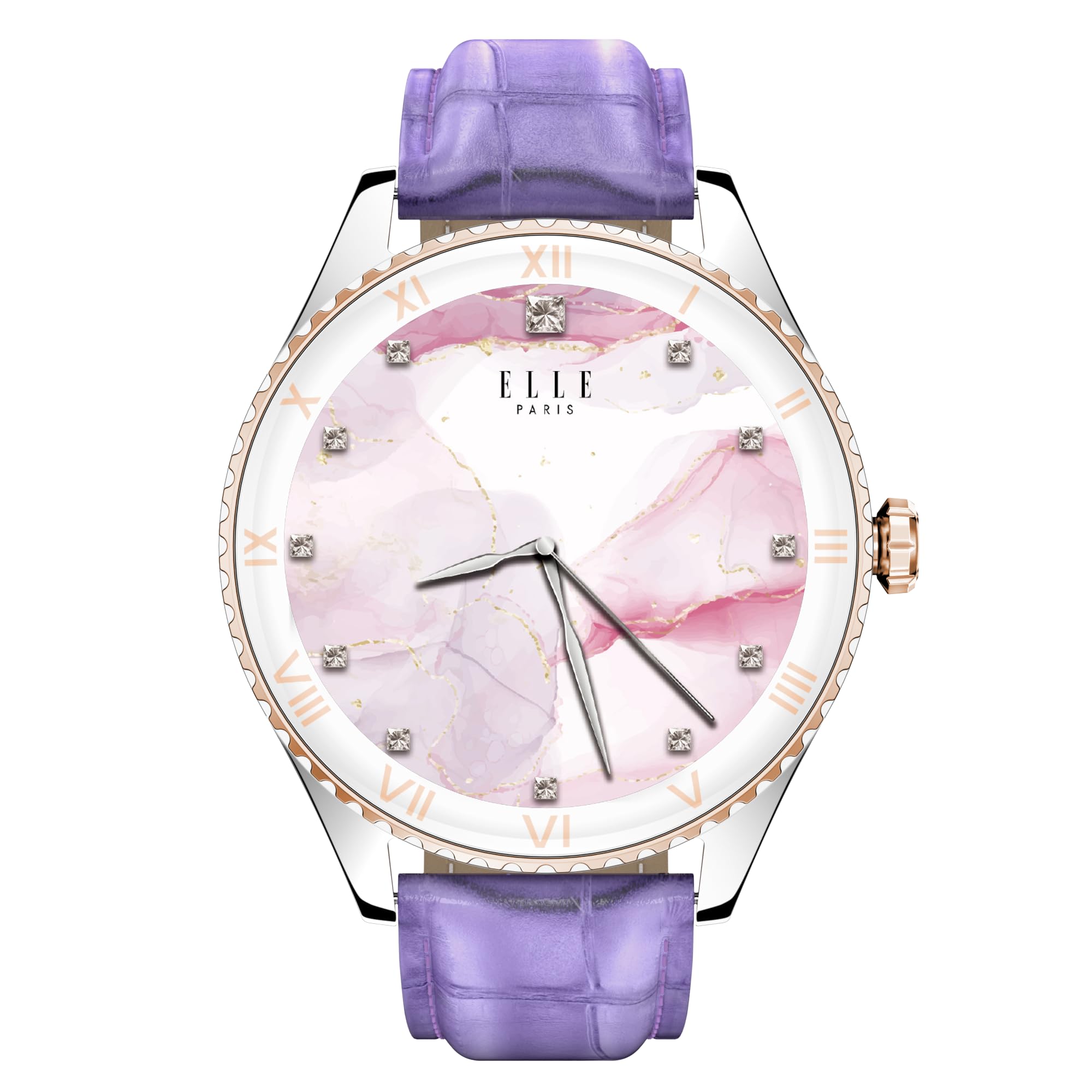ساعت هوشمند زنانه Elle Soleil با صفحه نمایش AMOLED 1.19 اینچ، تماس بلوتوث،  چند زبانه، شارژ بی‌سیم، پیگیری فعالیت‌های ورزشی، استاندارد ضدآب IP68، قابل استفاده با سیستم عامل iOS/Android، قاب نقره ای و بند چرم بنفش + 2 بند ویژه