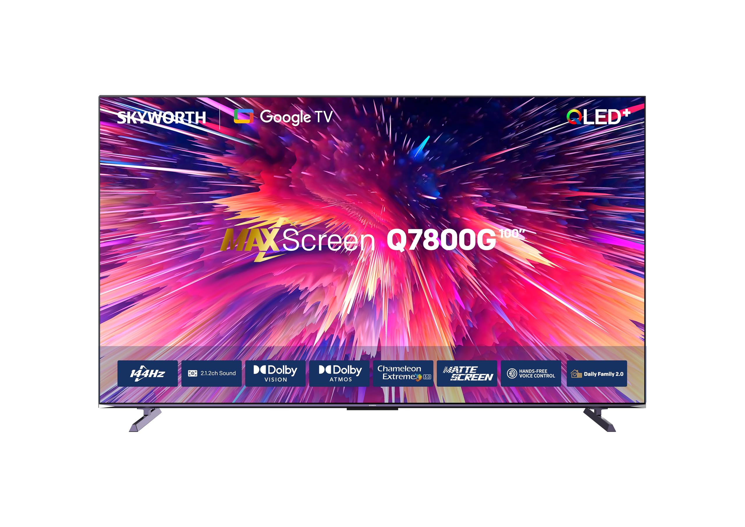 تلویزیون اسکایورث 100Q7800-100 از نوع 4K QLED با سیستم عامل گوگل تی وی، پشتیبانی از Dolby Vision و Dolby Atmos، فرکانس تصویر MEMC 144Hz، صدای با توان 60 وات، پورت HDMI 2.1، حافظه داخلی 32 گیگابایت، رم 3 گیگابایت، دستیار گوگل، قابلیت Chromecast، حالت بازی - یک سال گارانتی تولیدکننده