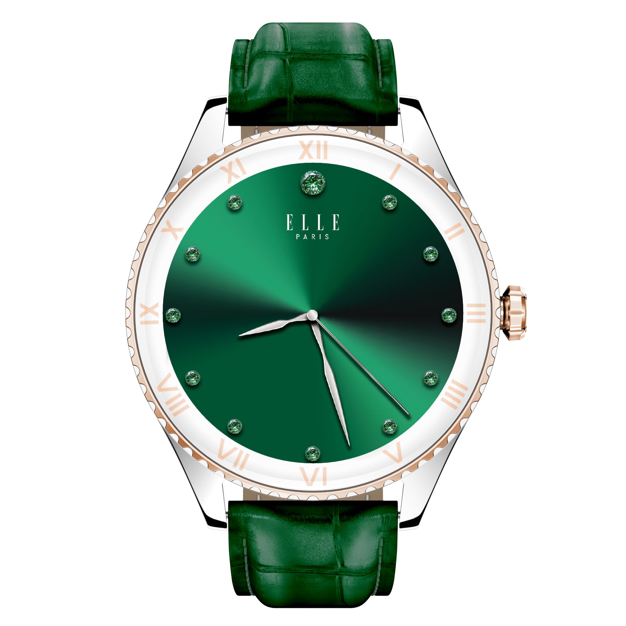 ساعت هوشمند زنانه Elle Soleil با صفحه نمایش AMOLED 1.19 اینچ، تماس بلوتوث،  چند زبانه، شارژ بی‌سیم، پیگیری فعالیت‌های ورزشی، ضدآب در استاندارد IP68، سازگار با iOS/Android، قاب نقره ای و بند چرمی سبز + 2 بند اضافی به همراهش