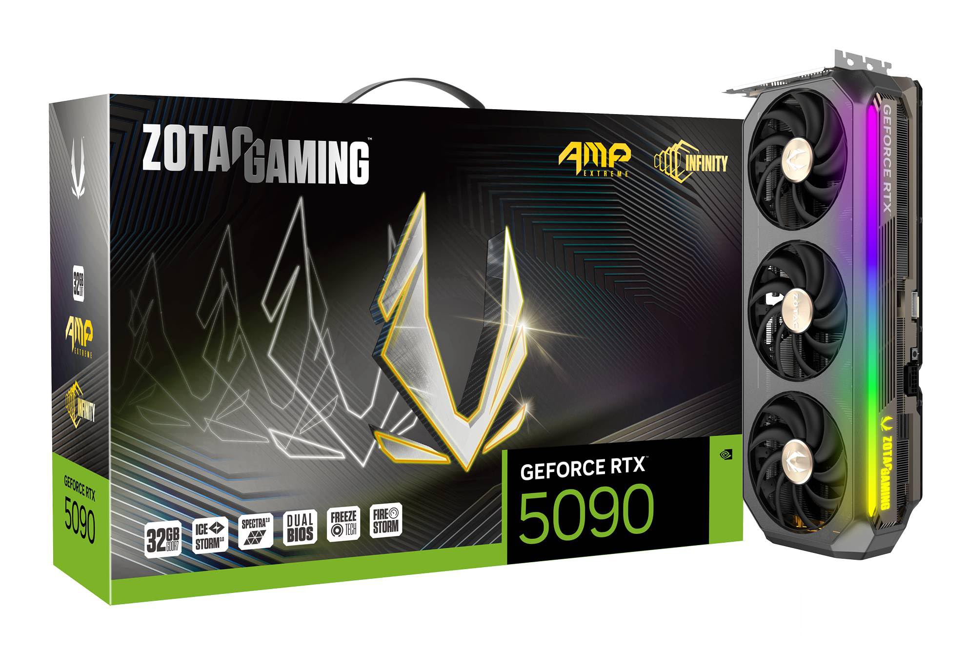 کارت گرافیک گیمینگ ZOTAC GeForce RTX 5090 AMP Extreme Infinity DLSS 4 با 32 گیگابایت GDDR7، رابط 512 بیتی و سرعت 28 گیگابیت بر ثانیه PCIe 5.0 برای بازی، خنک‌کننده پیشرفته IceStorm 3.0، نورپردازی ARGB Spectra 2.0، ZT-B50900B-10P