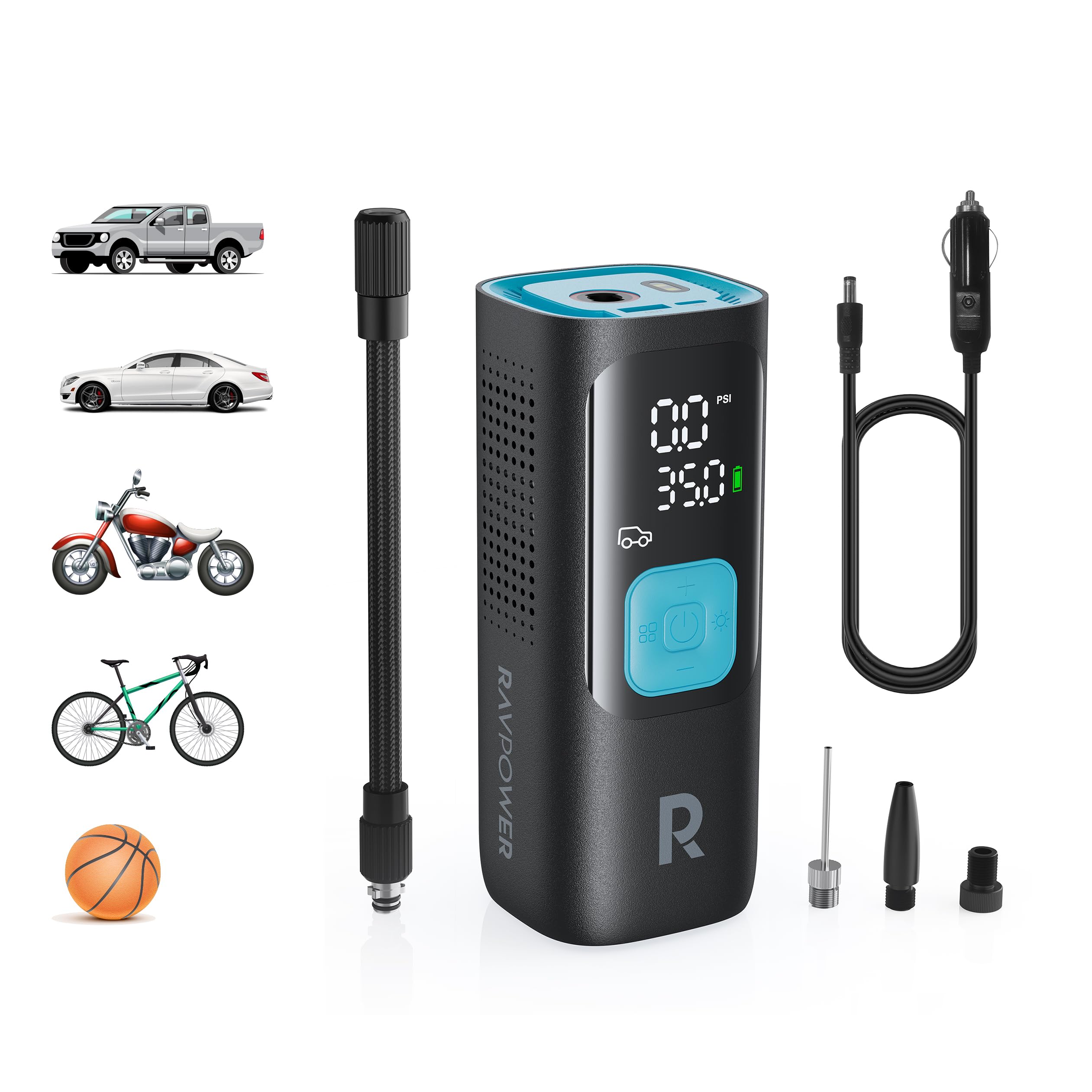 کمپرسور هوای هوشمند ۳ در ۱ RAVPOWER با پاور بانک و چراغ قوه LED، پمپ هوای قابل حمل بی‌سیم برای خودرو، موتورسیکلت، دوچرخه، قطع کن خودکار، نمایشگر LCD بزرگ، لوازم جانبی سفر همراه، مدل PB1233