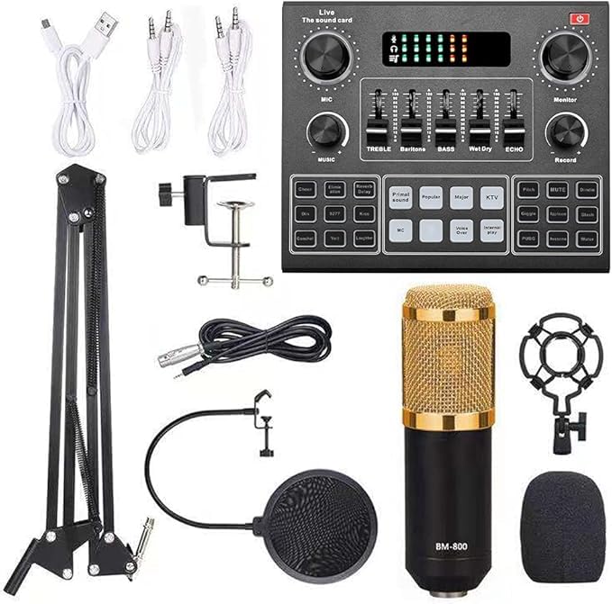 Multifunctional Live V9 Sound Card & BM800 Suspension Microphone Kit | Professional Broadcasting Condenser Microphone Set for Computers & Mobile Phones