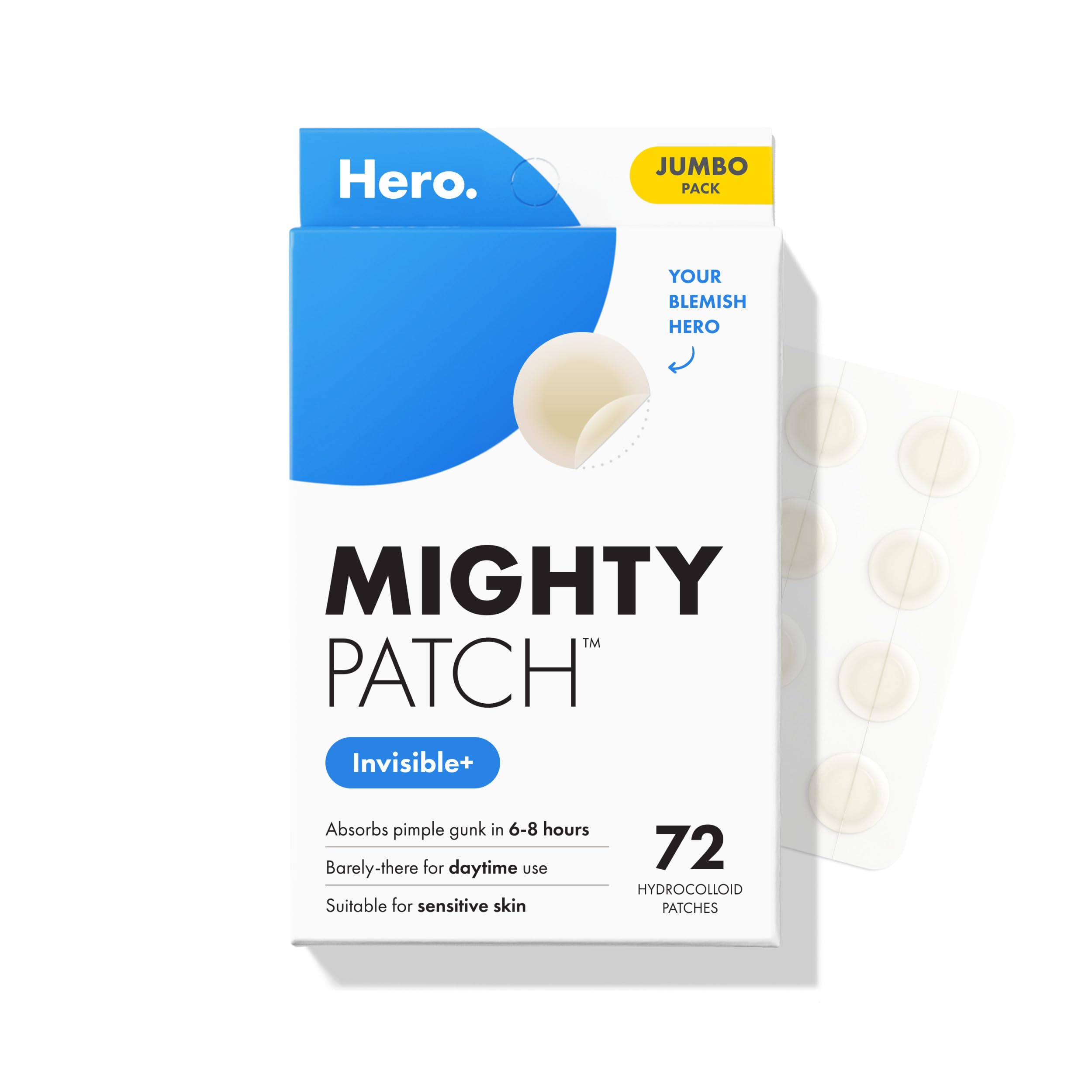 Mighty Patch Hero Cosmetics Invisible+ Patch – The Barely-There Hydrocolloid Acne Pimple Plaster for Covering Skin Imperfections and Blemishes, Conical Edges that Blend into the Skin 72 Count
