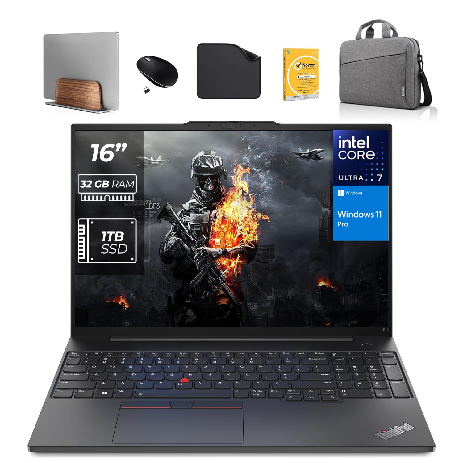لپ تاپ تجاری لنوو مدل ThinkPad E16 نسل دوم - شامل استند عمودی لپ تاپ موج سوم + موس بی‌سیم + کیف + آنتی‌ویروس + پد موس | اینتل اولترا 7-155H، 32 گیگابایت رم - 1 ترابایت حافظه جامد، ویندوز 11 پرو (آپگرید)