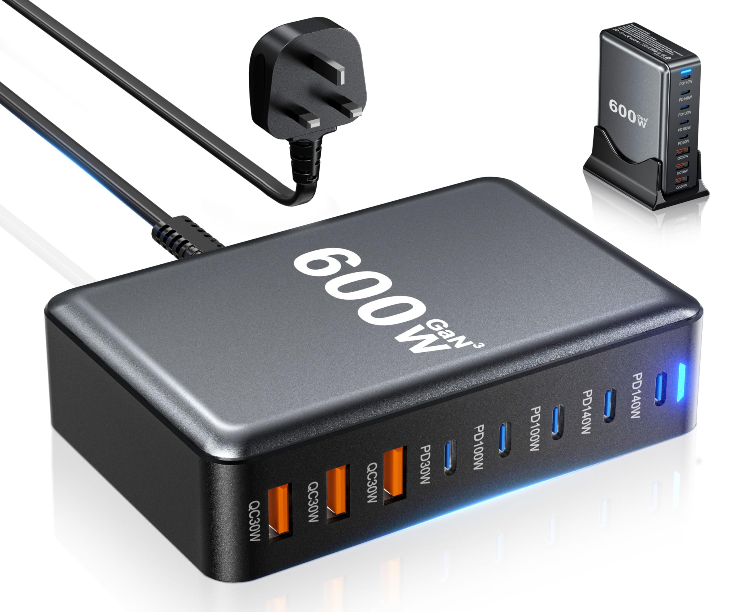 شارژر USB-C 600 وات HEYMIX TECH - ایستگاه شارژ 140 وات، 8 پورت شارژر سریع 100 وات قابل استفاده با MacBook Pro16، لپ تاپ، iPhone 16ProMax/15، Samsung Galaxy S24/23، Steam Deck
