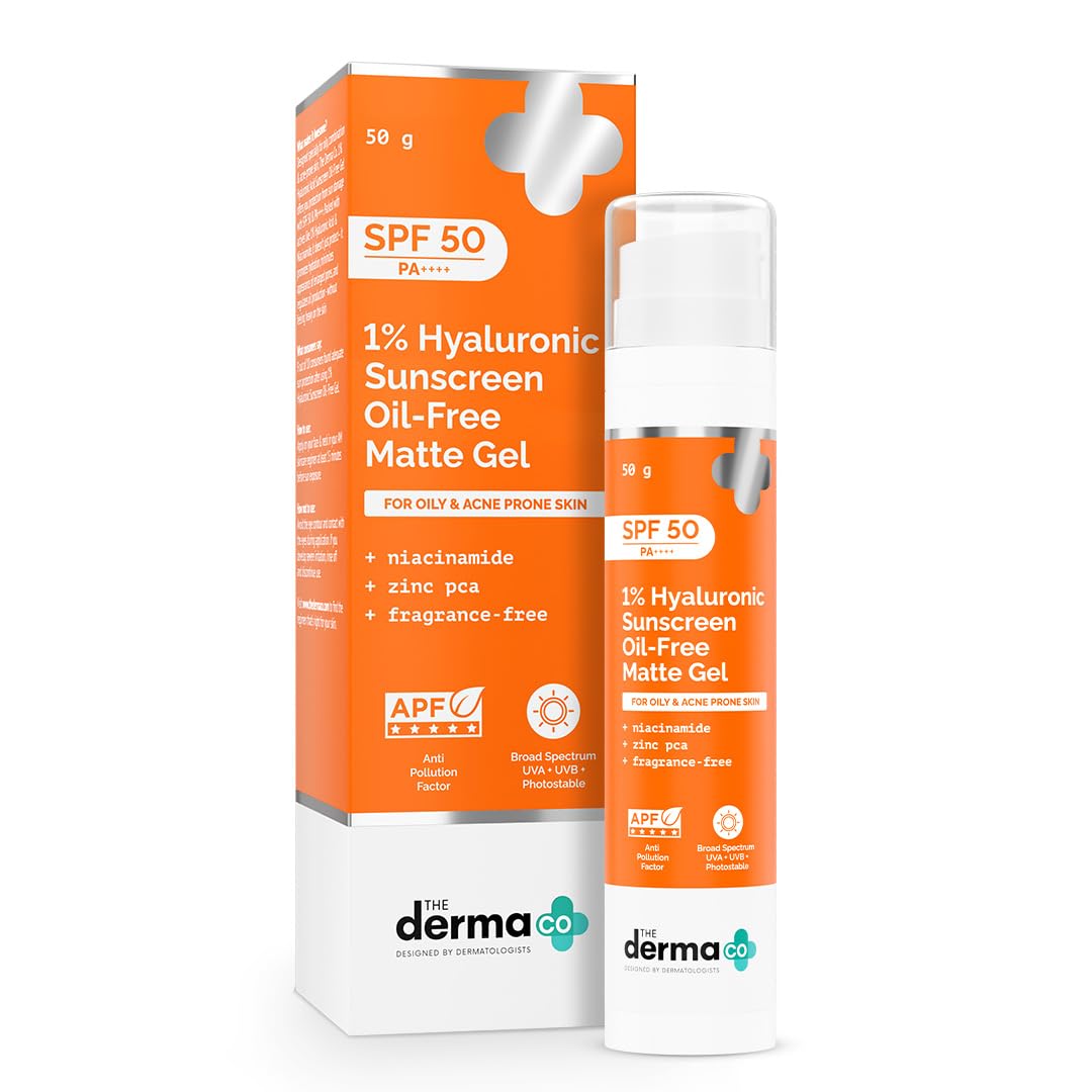 کرم ضدآفتاب مات غیر چرب با SPF 50 PA++++ حاوی 1% اسید هیالورونیک، نیاسینامید و روی PCA از The Derma Co برای پوست چرب و جوشی، ضد انسداد منافذ پوستی، محافظت ضد آلودگی | طیف وسیع UVA/UVB، 50 گرم (غیر چرب) برای پوست چرب و جوشی