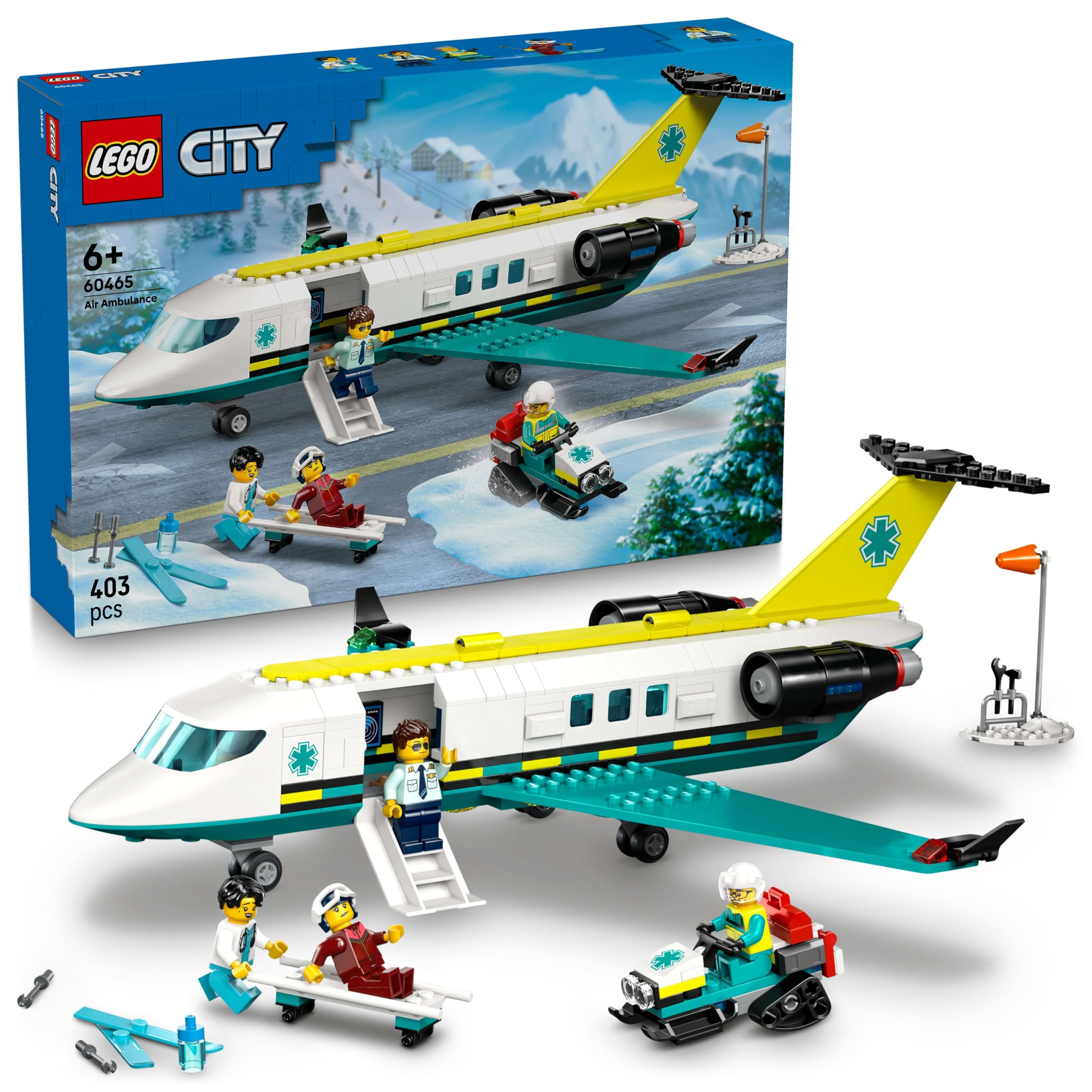 محصول بازی شهر اضطراری LEGO City Emergency Air Ambulance Airplane Toy - مدل هواپیمای پزشکی - 3 فیگور کوچک شامل یک دکتر و خلبان، همراه با اسکوتر برفی، تخت برای کمک به بیمار و ابزار و وسایل پزشکی، هدیه مناسب برای پسران 6 سال به بالا - 60465