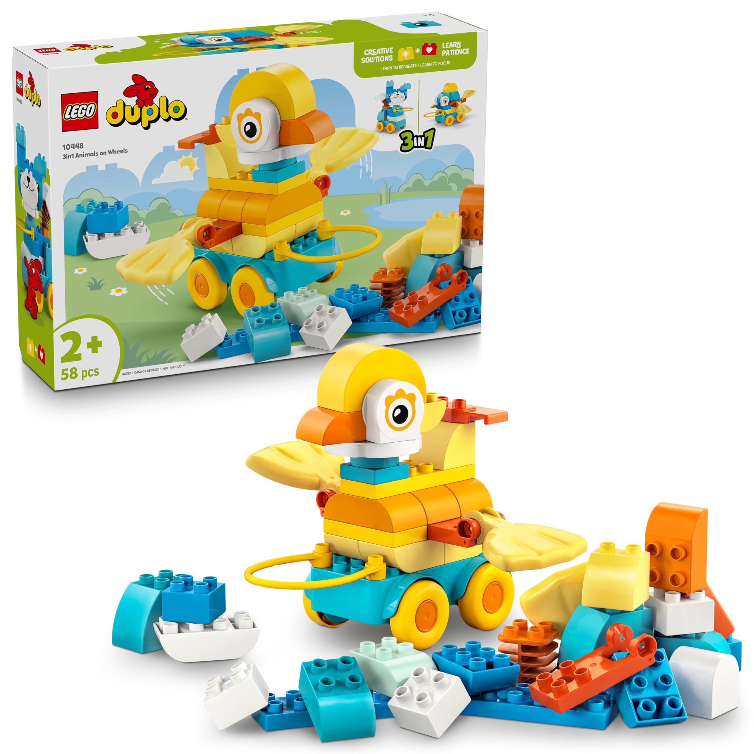 بازی ساختنی LEGO DUPLO 3in1 حیوانات روی چرخ‌ها - اسباب‌بازی آموزشی با بلوک‌های قابل ساختن برای ساخت اسباب‌بازی اردک، ماهی یا سگ با چرخ و دستگیره کشیدن - هدیه برای دختران و پسران 2 سال به بالا - 10448