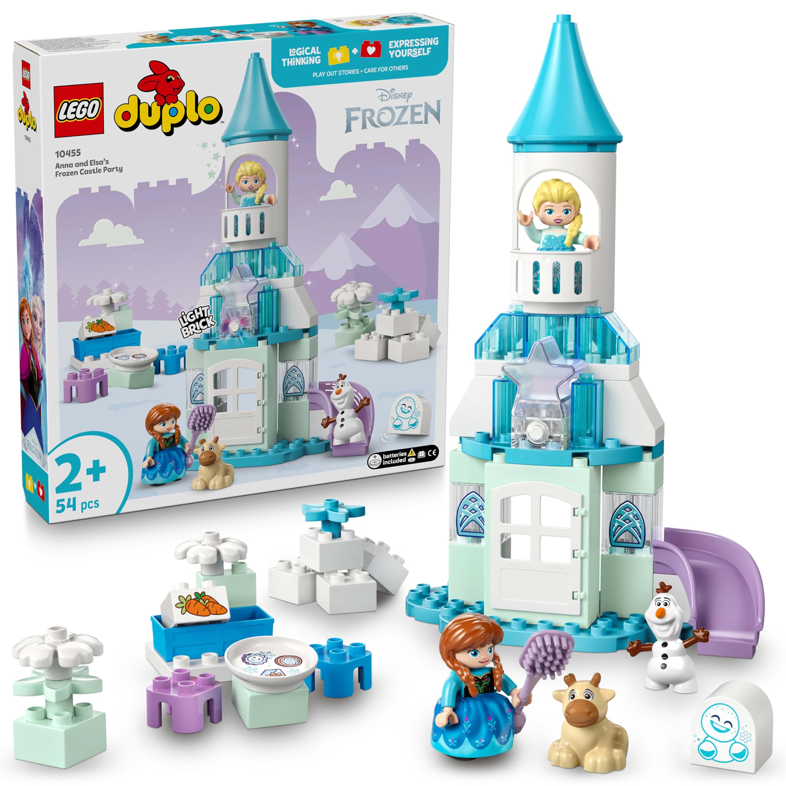 LEGO DUPLO کاخ جشن آنا و السا از فیلم سینمایی یخ زده - اسباب بازی آموزشی با 5 فیگور شامل اولاف و بچه سون، به همراه بلوک نور - هدیه برای کودکان 2 سال به بالا، دختران و پسران - 10455